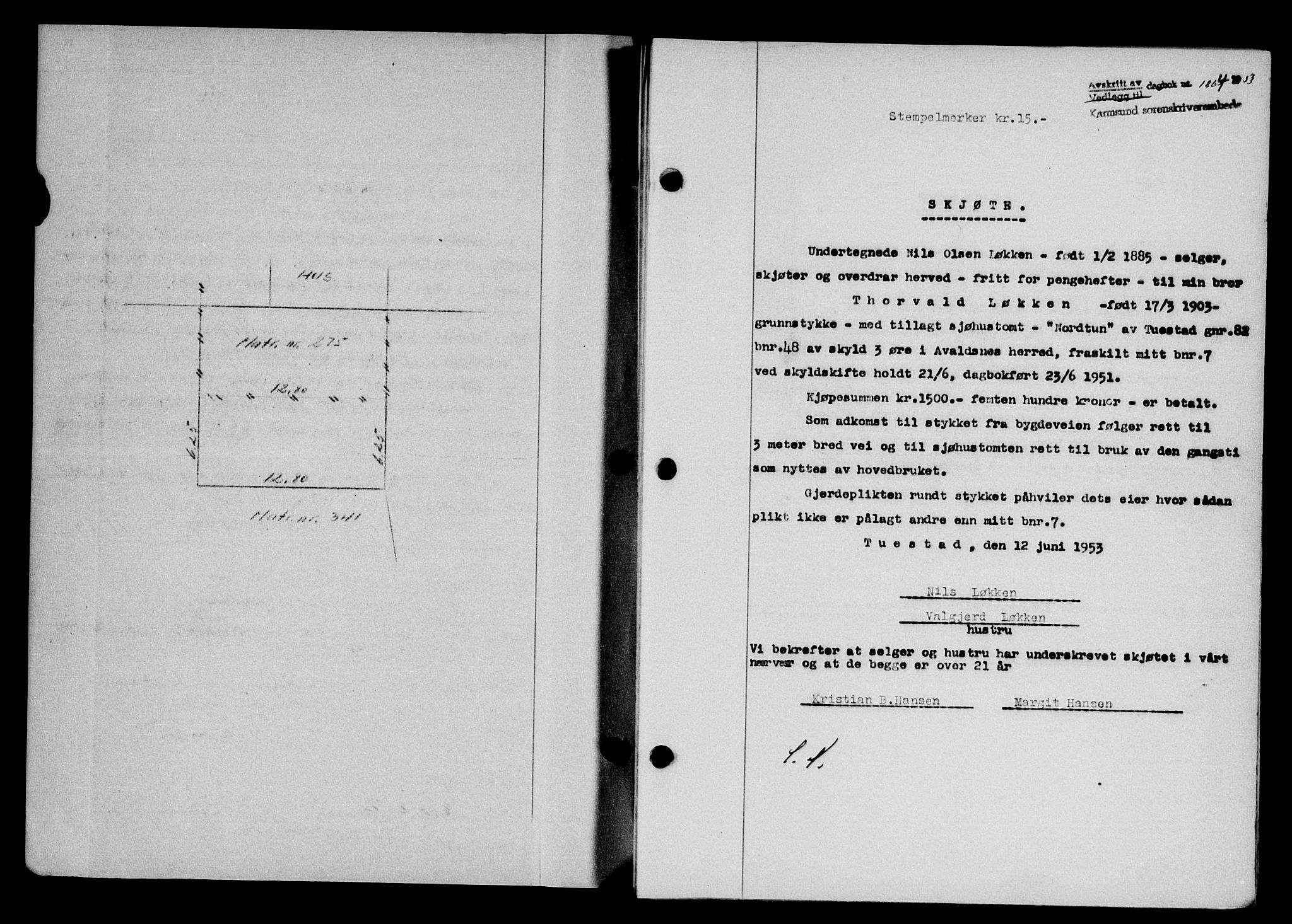 Karmsund sorenskriveri, SAST/A-100311/01/II/IIB/L0109: Pantebok nr. 89A, 1953-1953, Dagboknr: 1864/1953