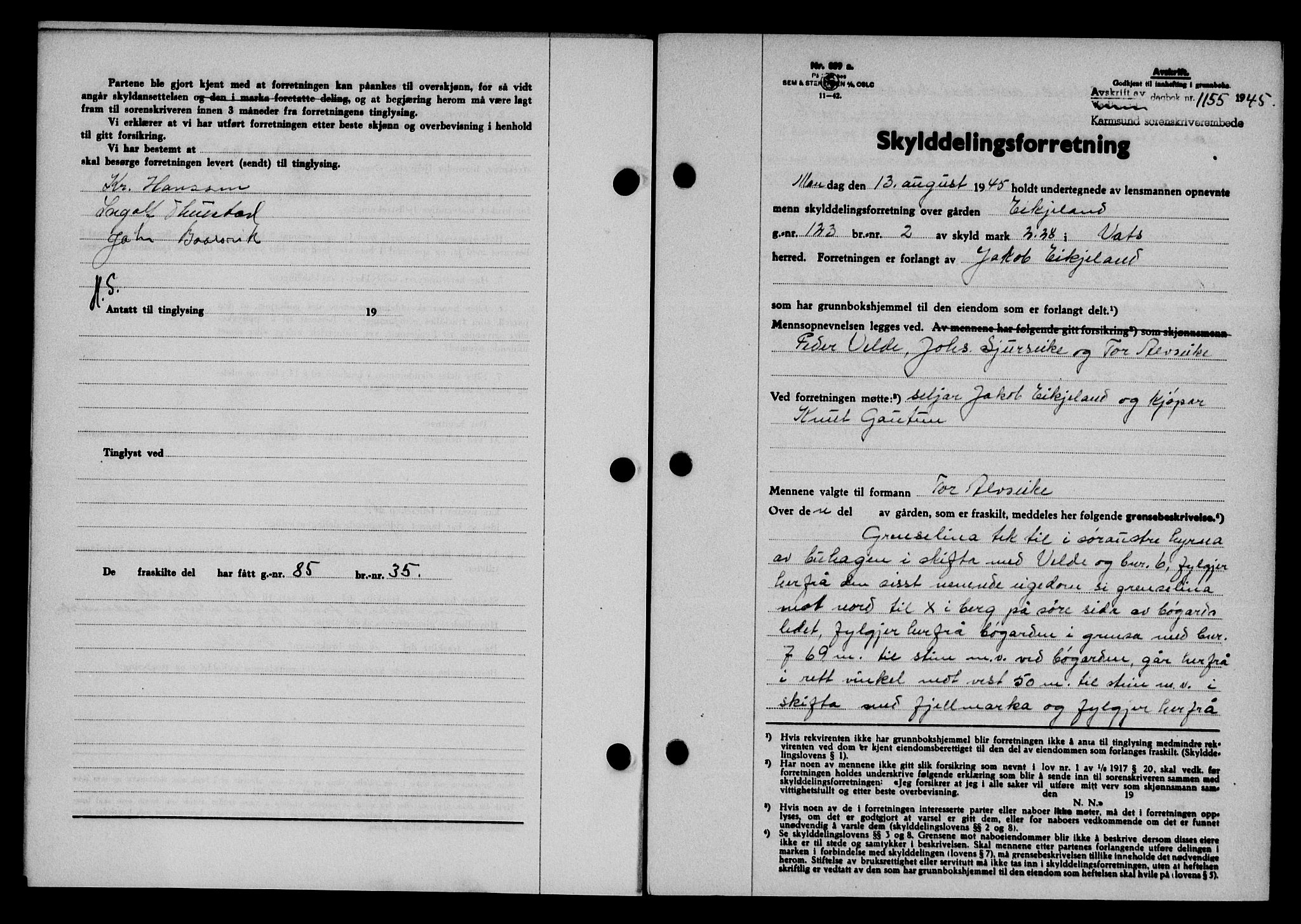 Karmsund sorenskriveri, SAST/A-100311/01/II/IIB/L0084: Pantebok nr. 65A, 1945-1946, Dagboknr: 1155/1945