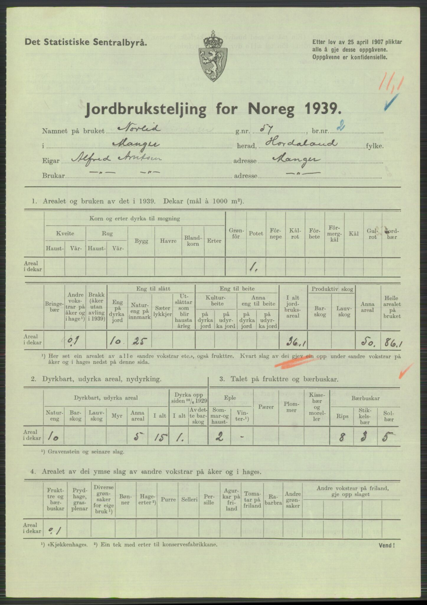 Statistisk sentralbyrå, Næringsøkonomiske emner, Jordbruk, skogbruk, jakt, fiske og fangst, AV/RA-S-2234/G/Gb/L0211: Hordaland: Herdla, Hjelme og Manger, 1939, s. 1657