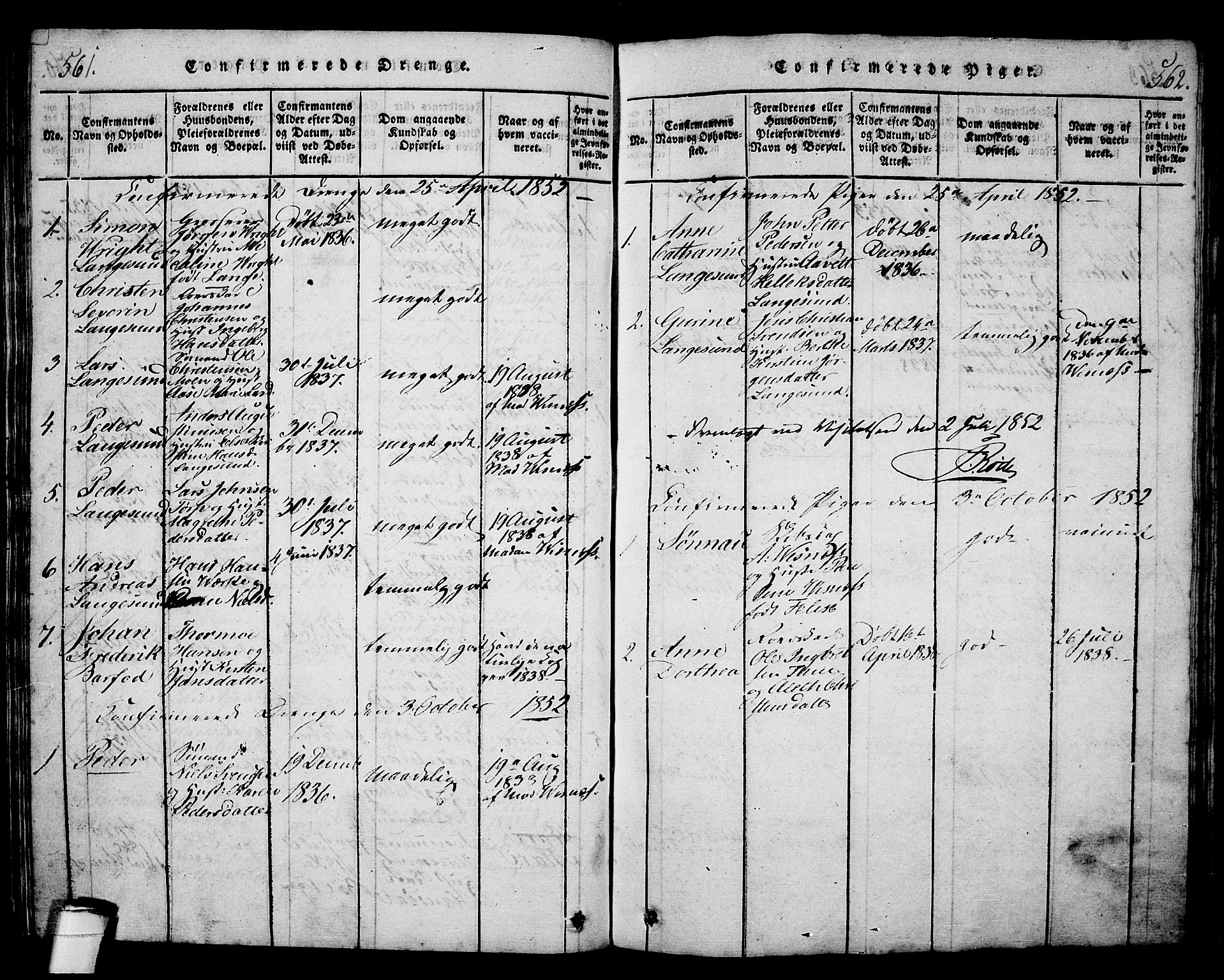 Langesund kirkebøker, AV/SAKO-A-280/G/Ga/L0003: Klokkerbok nr. 3, 1815-1858, s. 561-562