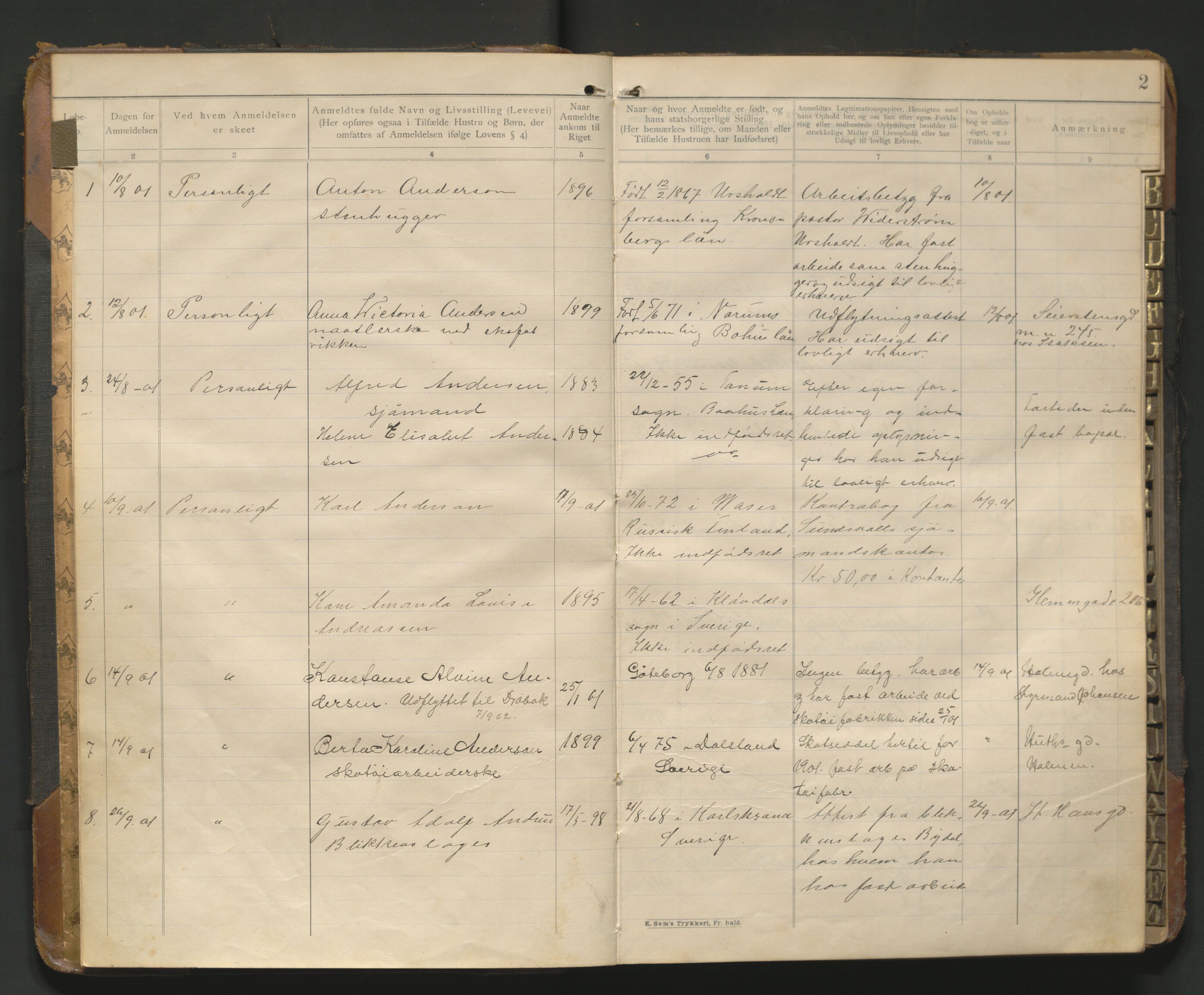 Fredrikstad politikammer, AV/SAO-A-10055/H/Hb/Hba/L0001: Protokoll over fremmede statsborgere, 1901-1916, s. 1b-2a