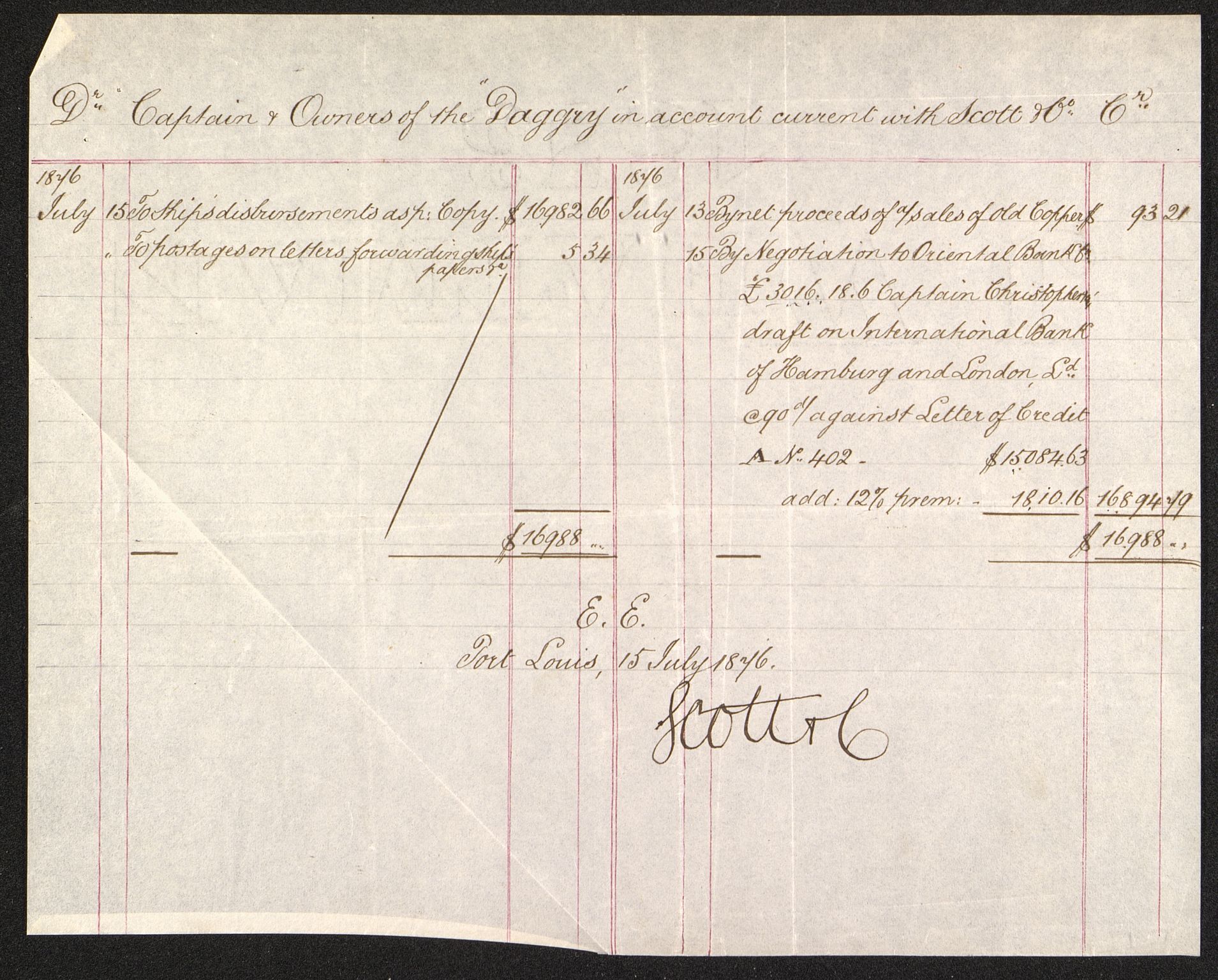 Pa 63 - Østlandske skibsassuranceforening, VEMU/A-1079/G/Ga/L0008/0006: Havaridokumenter / Dagny, 1876