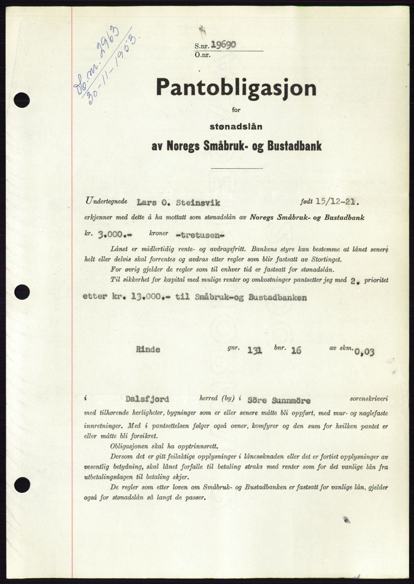 Søre Sunnmøre sorenskriveri, AV/SAT-A-4122/1/2/2C/L0124: Pantebok nr. 12B, 1953-1954, Dagboknr: 2963/1953
