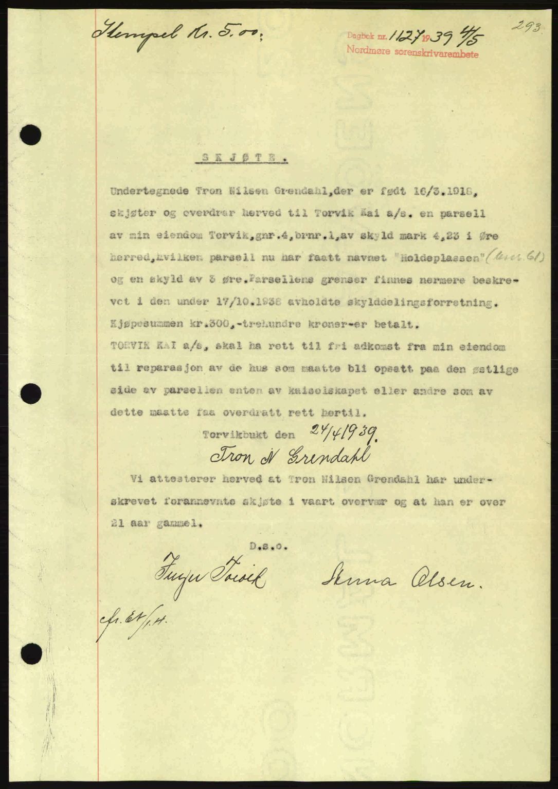 Nordmøre sorenskriveri, SAT/A-4132/1/2/2Ca: Pantebok nr. A86, 1939-1939, Dagboknr: 1127/1939