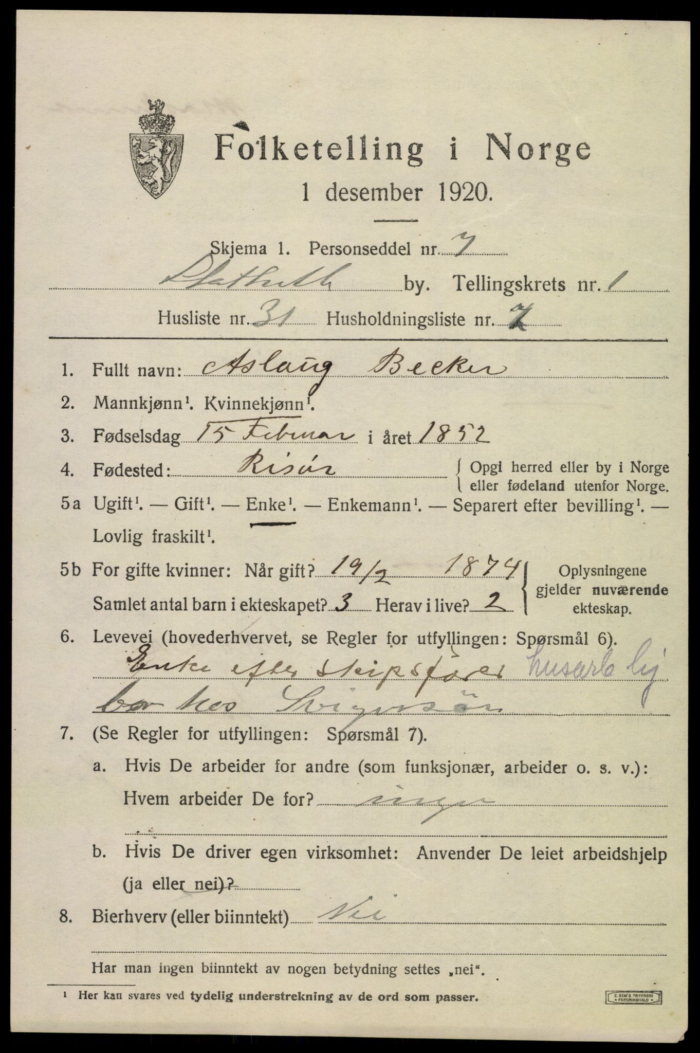 SAKO, Folketelling 1920 for 0803 Stathelle ladested, 1920, s. 819