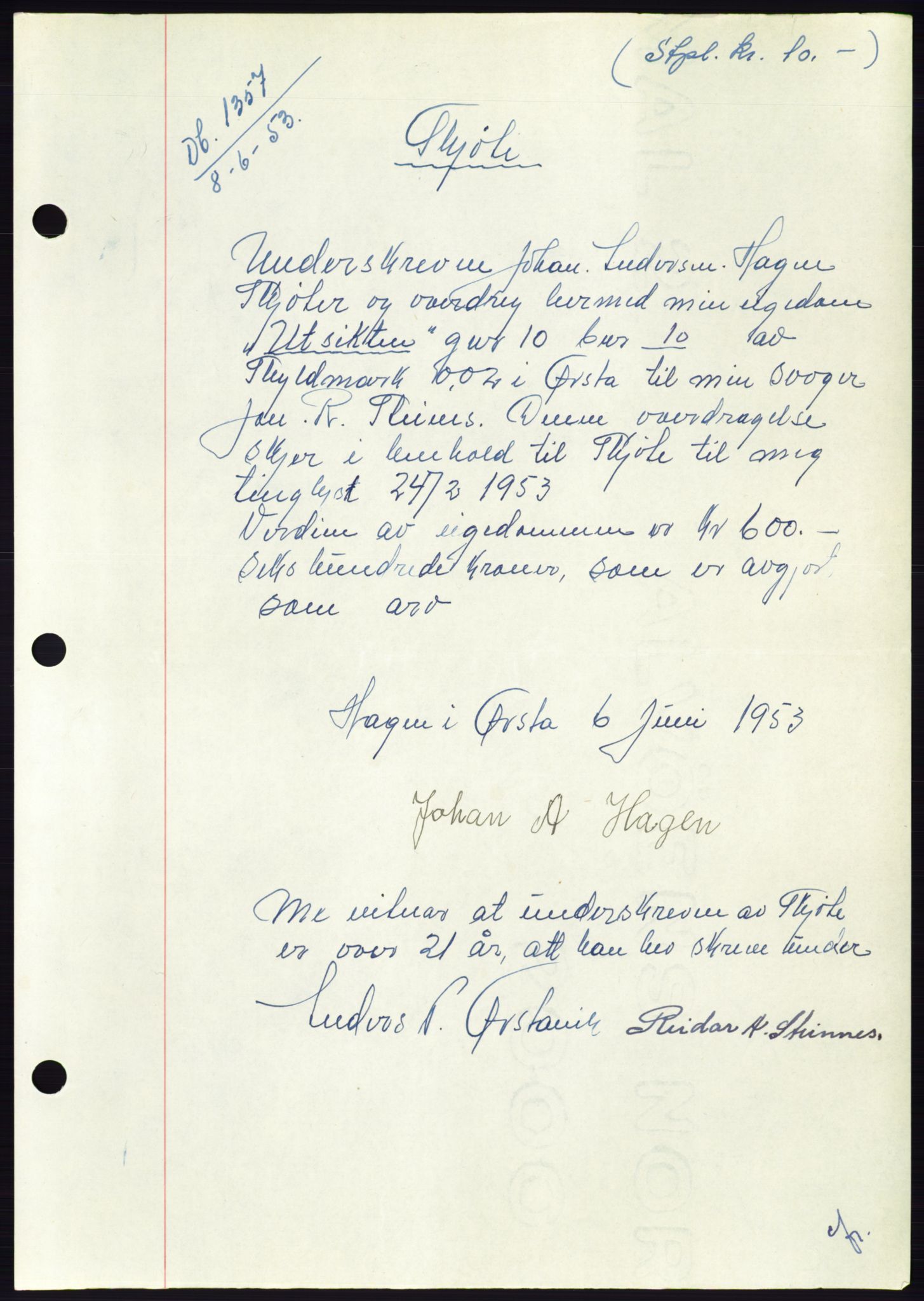Søre Sunnmøre sorenskriveri, AV/SAT-A-4122/1/2/2C/L0095: Pantebok nr. 21A, 1953-1953, Dagboknr: 1357/1953