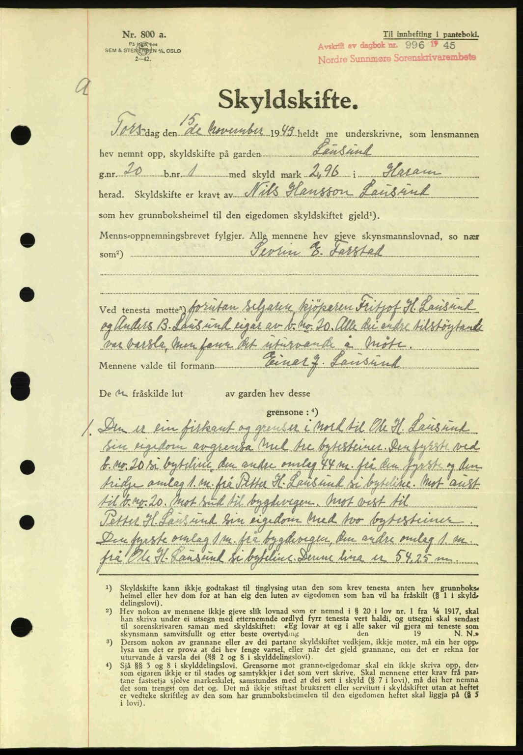 Nordre Sunnmøre sorenskriveri, AV/SAT-A-0006/1/2/2C/2Ca: Pantebok nr. A20a, 1945-1945, Dagboknr: 996/1945