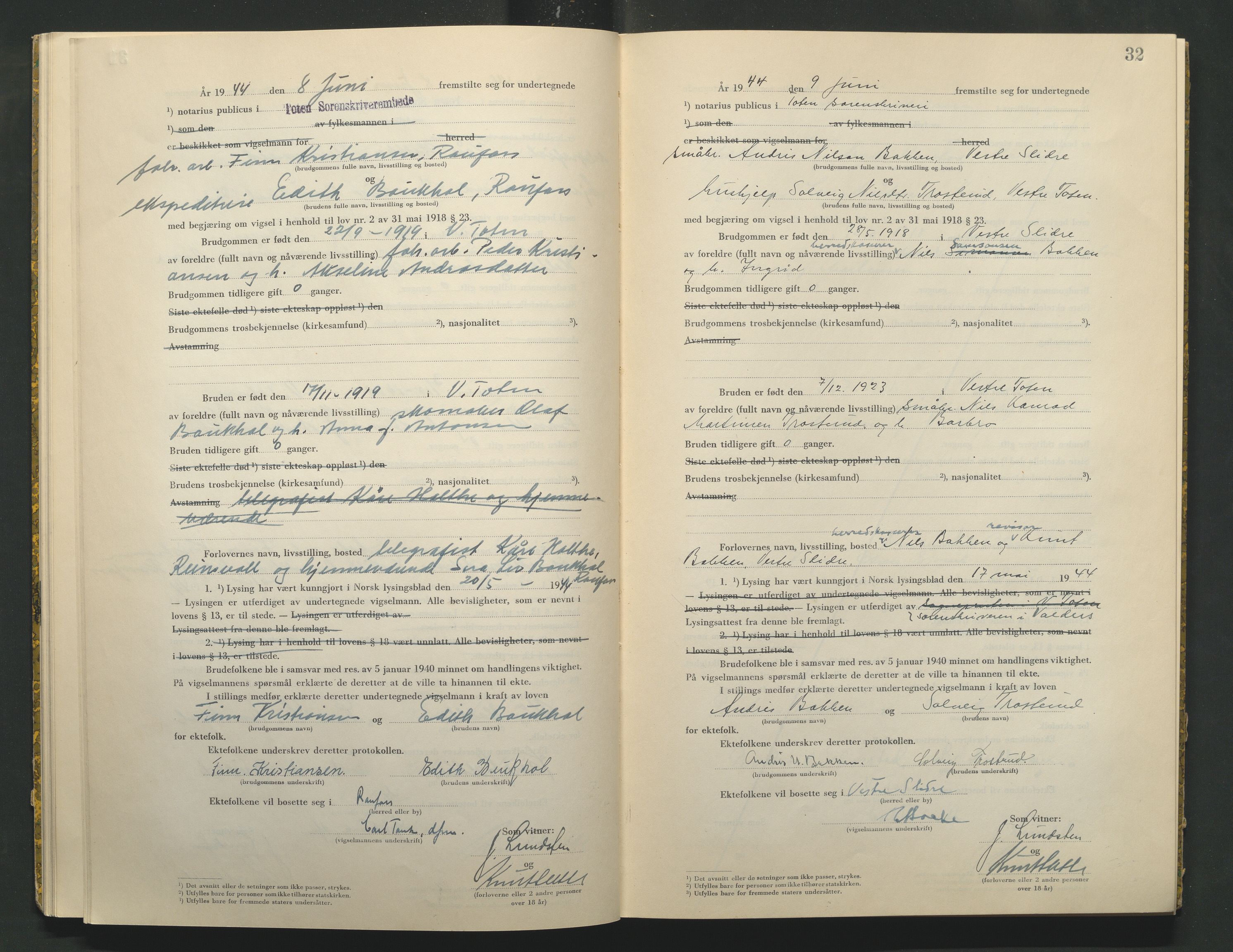 Toten tingrett, AV/SAH-TING-006/L/Lc/L0004: Vigselbok, 1944, s. 32