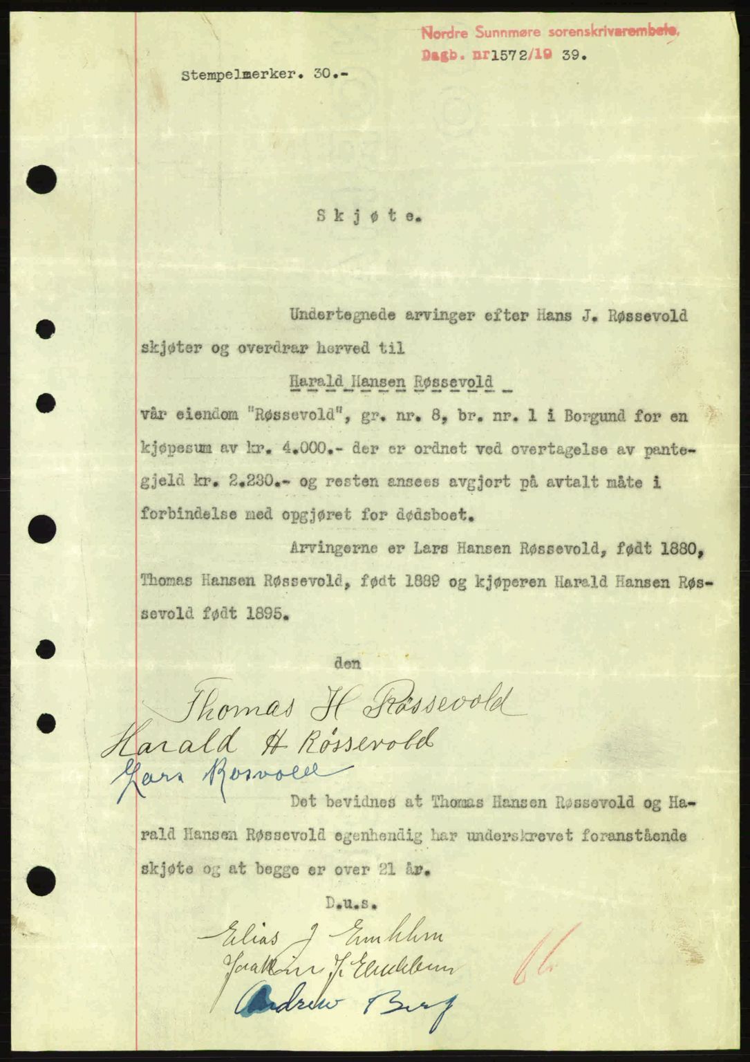 Nordre Sunnmøre sorenskriveri, SAT/A-0006/1/2/2C/2Ca: Pantebok nr. A7, 1939-1939, Dagboknr: 1572/1939