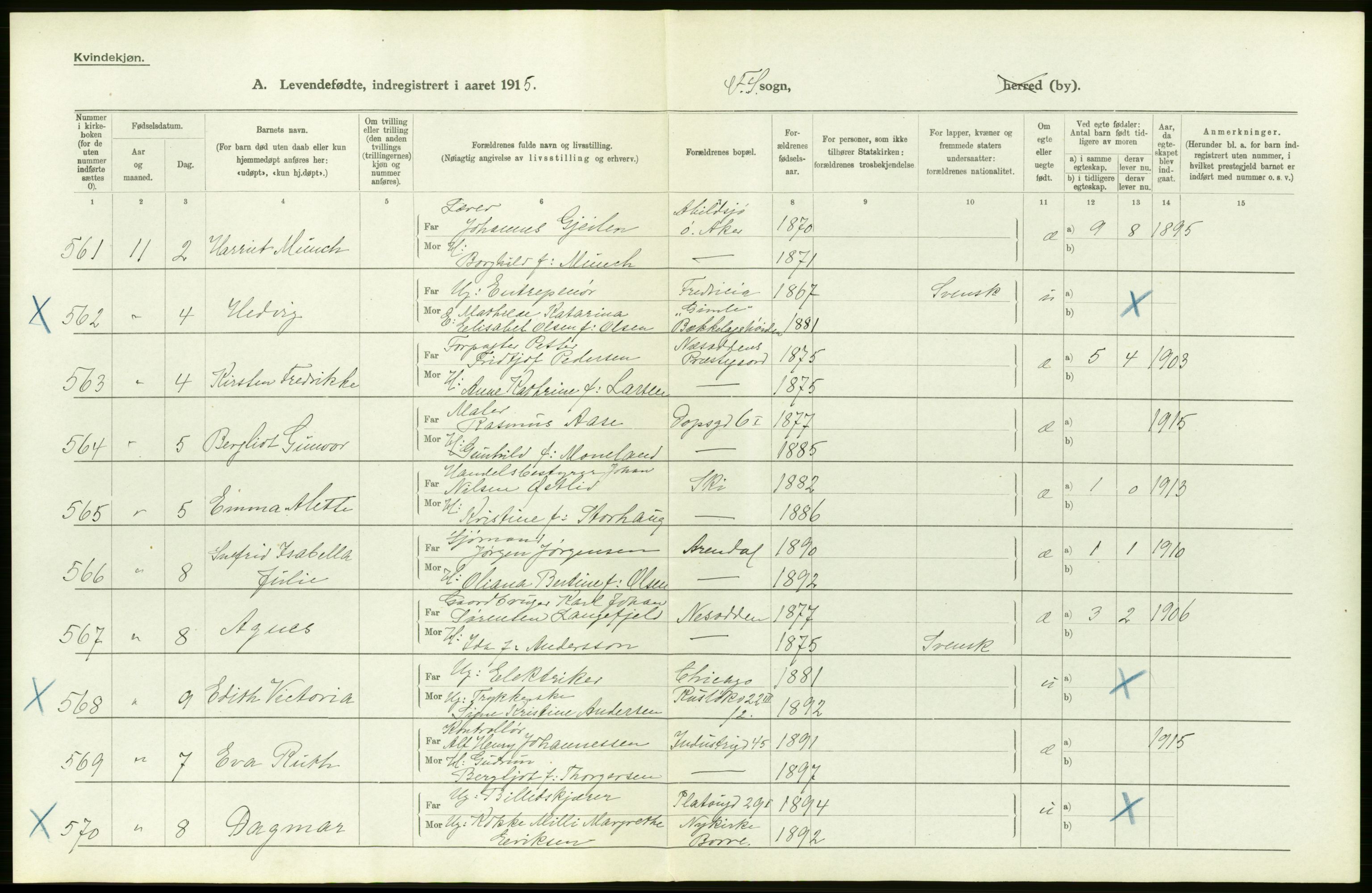 Statistisk sentralbyrå, Sosiodemografiske emner, Befolkning, AV/RA-S-2228/D/Df/Dfb/Dfbe/L0007: Kristiania: Levendefødte menn og kvinner., 1915, s. 20
