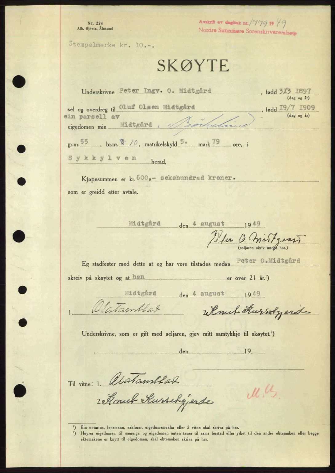 Nordre Sunnmøre sorenskriveri, AV/SAT-A-0006/1/2/2C/2Ca: Pantebok nr. A31, 1949-1949, Dagboknr: 1779/1949