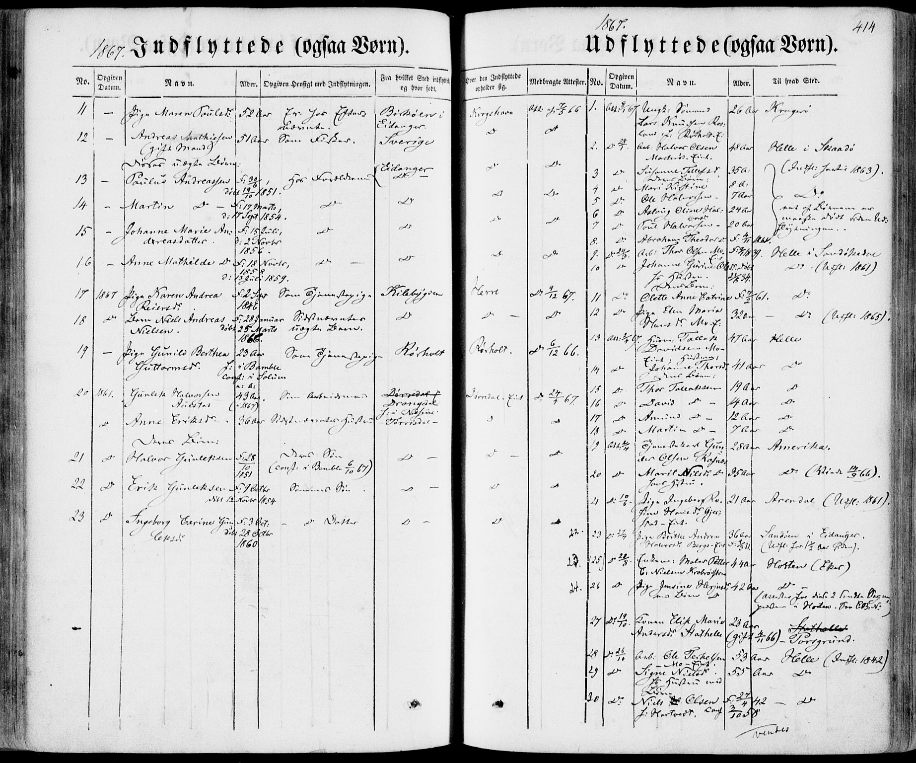Bamble kirkebøker, AV/SAKO-A-253/F/Fa/L0005: Ministerialbok nr. I 5, 1854-1869, s. 414