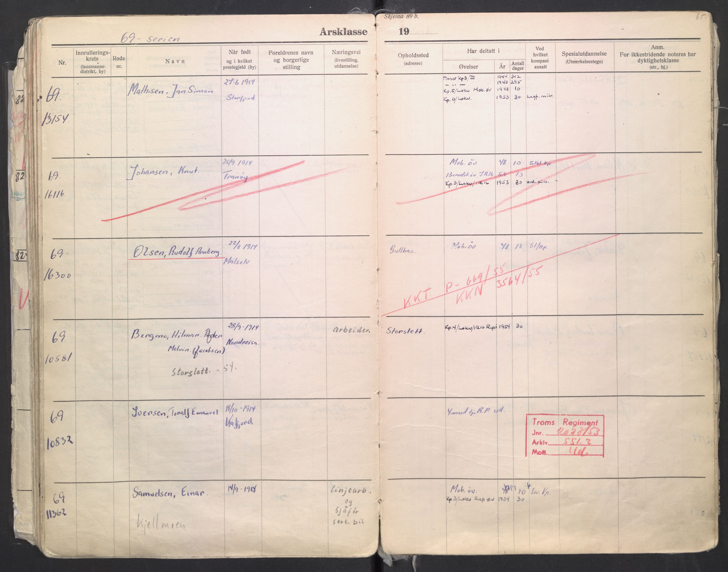 Forsvaret, Troms infanteriregiment nr. 16, AV/RA-RAFA-3146/P/Pa/L0006/0008: Ruller / Rulle for regimentets menige mannskaper, årsklasse 1935, 1935, s. 65