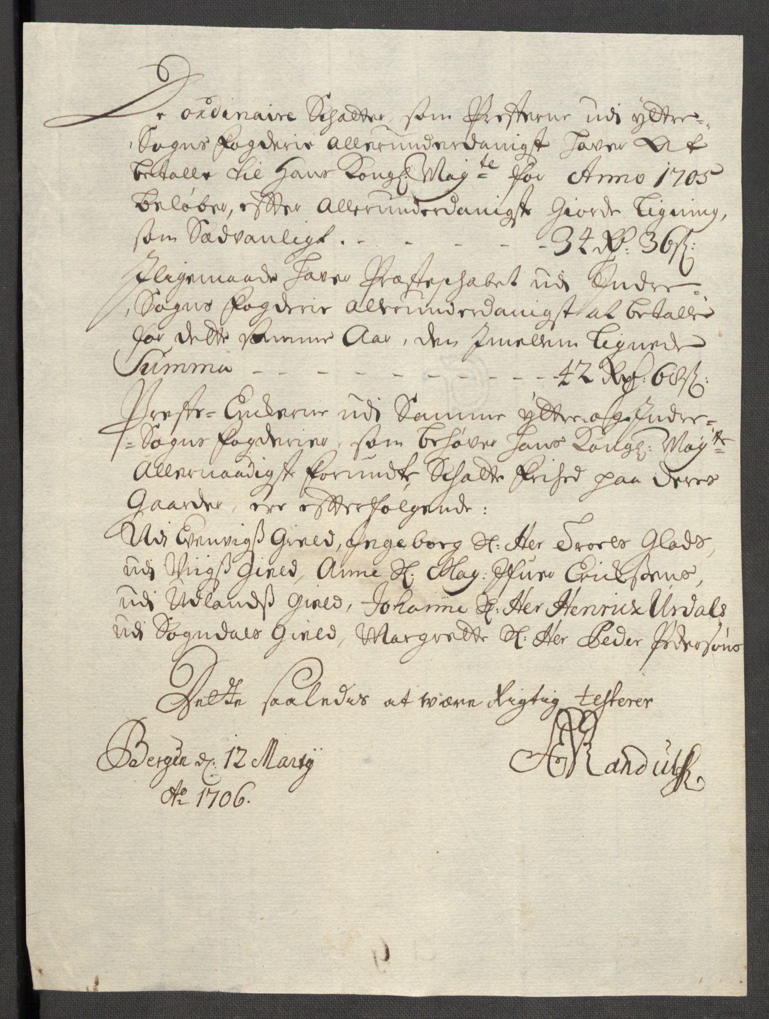 Rentekammeret inntil 1814, Reviderte regnskaper, Fogderegnskap, RA/EA-4092/R52/L3314: Fogderegnskap Sogn, 1705-1707, s. 141