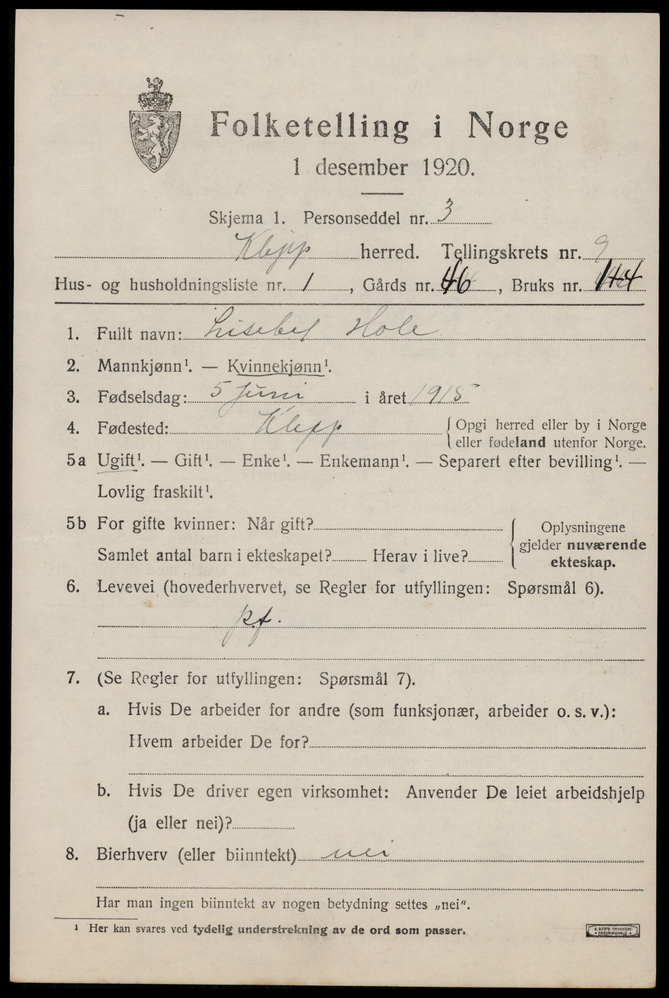 SAST, Folketelling 1920 for 1120 Klepp herred, 1920, s. 7560