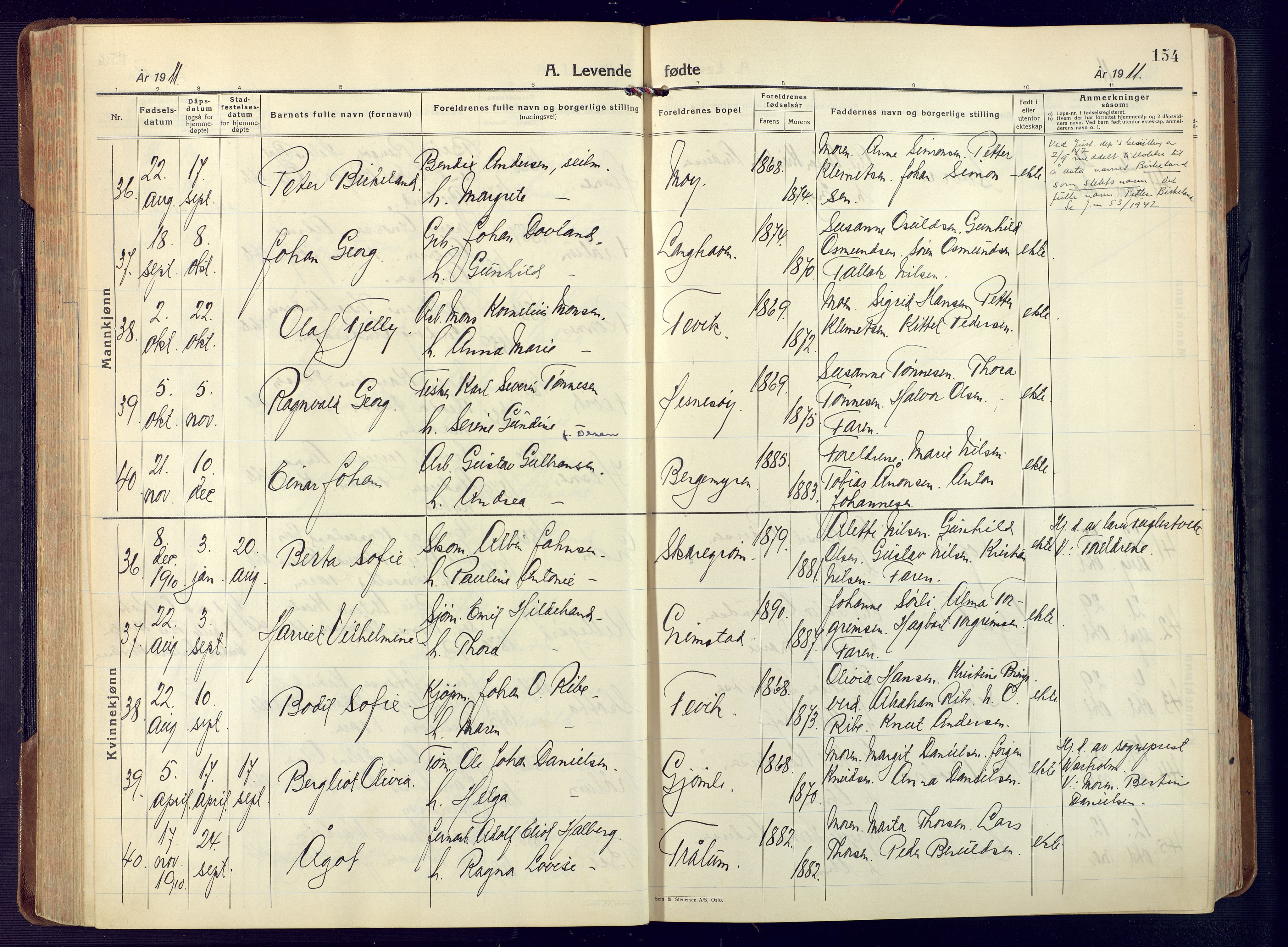 Fjære sokneprestkontor, AV/SAK-1111-0011/F/Fa/L0004: Ministerialbok nr. A 4, 1902-1925, s. 154