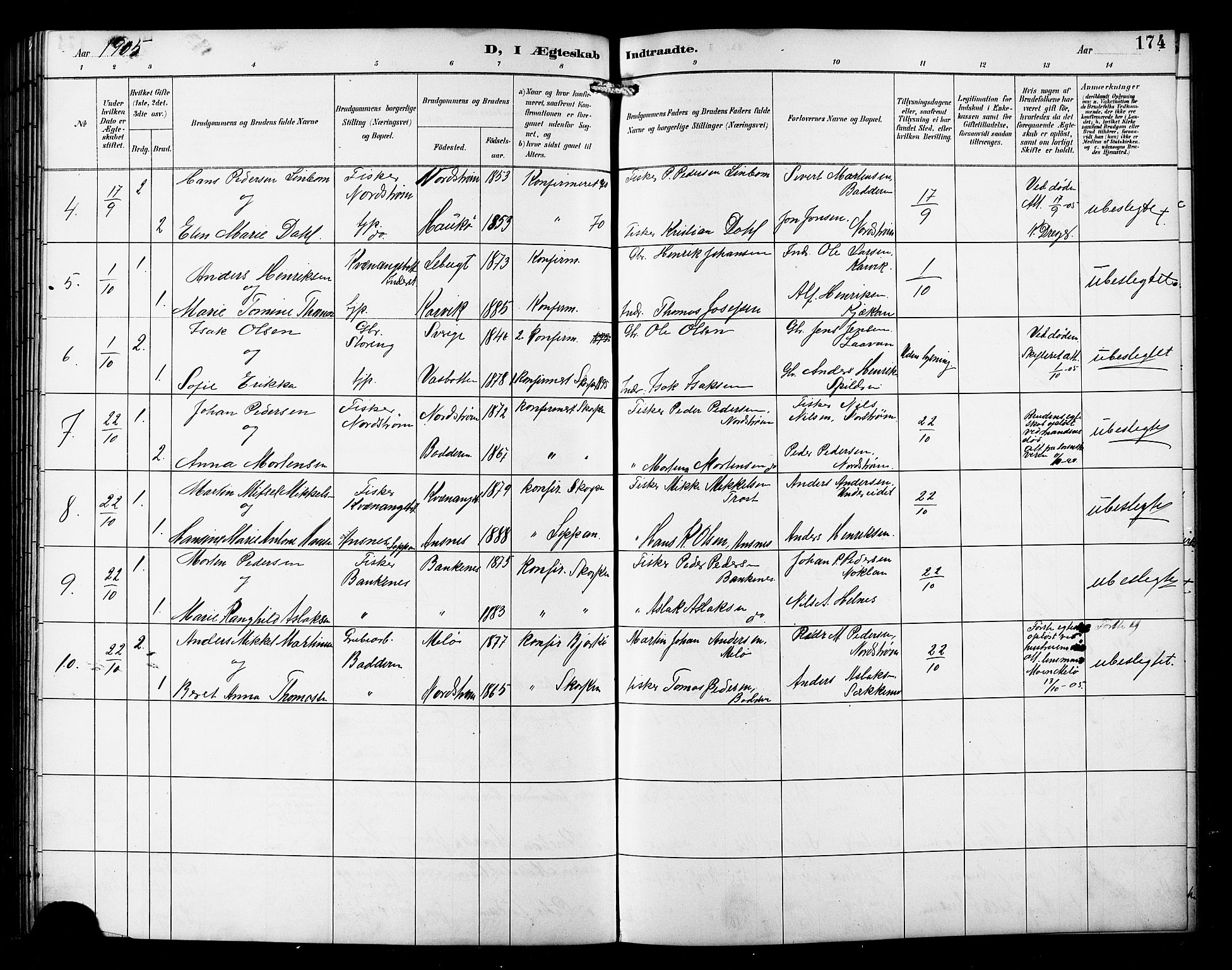 Skjervøy sokneprestkontor, AV/SATØ-S-1300/H/Ha/Hab/L0016klokker: Klokkerbok nr. 16, 1891-1907, s. 174