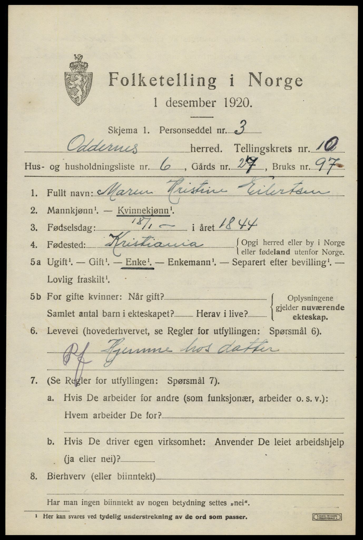 SAK, Folketelling 1920 for 1012 Oddernes herred, 1920, s. 6429