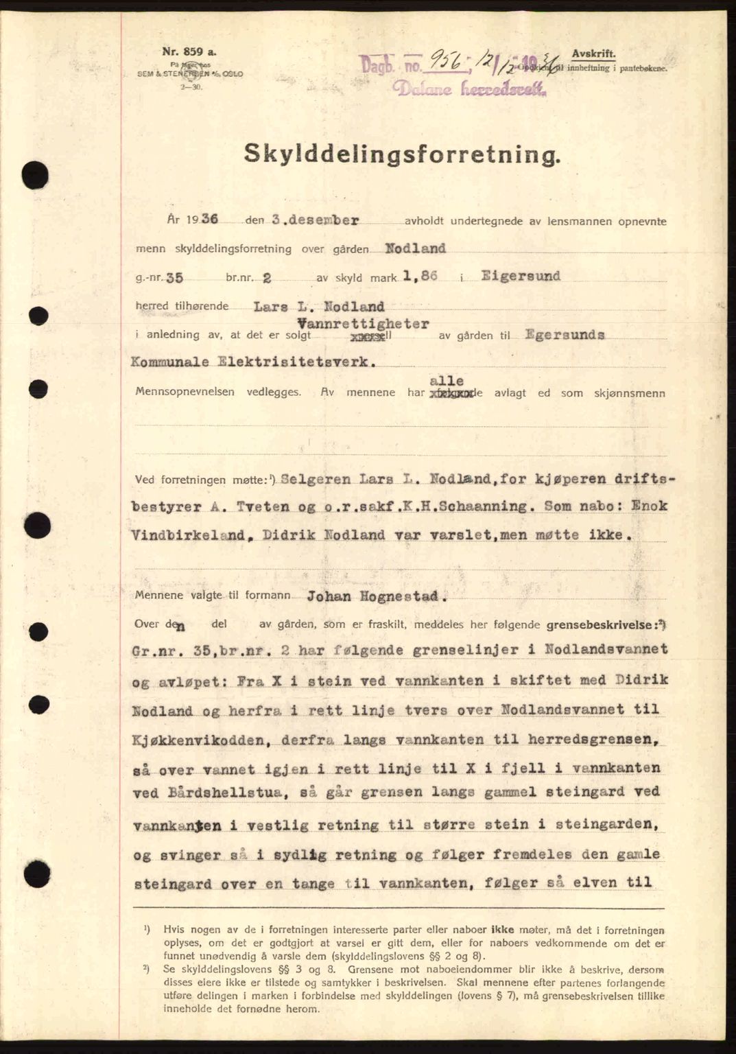 Dalane sorenskriveri, SAST/A-100309/02/G/Gb/L0041: Pantebok nr. A2, 1936-1937, Dagboknr: 956/1936