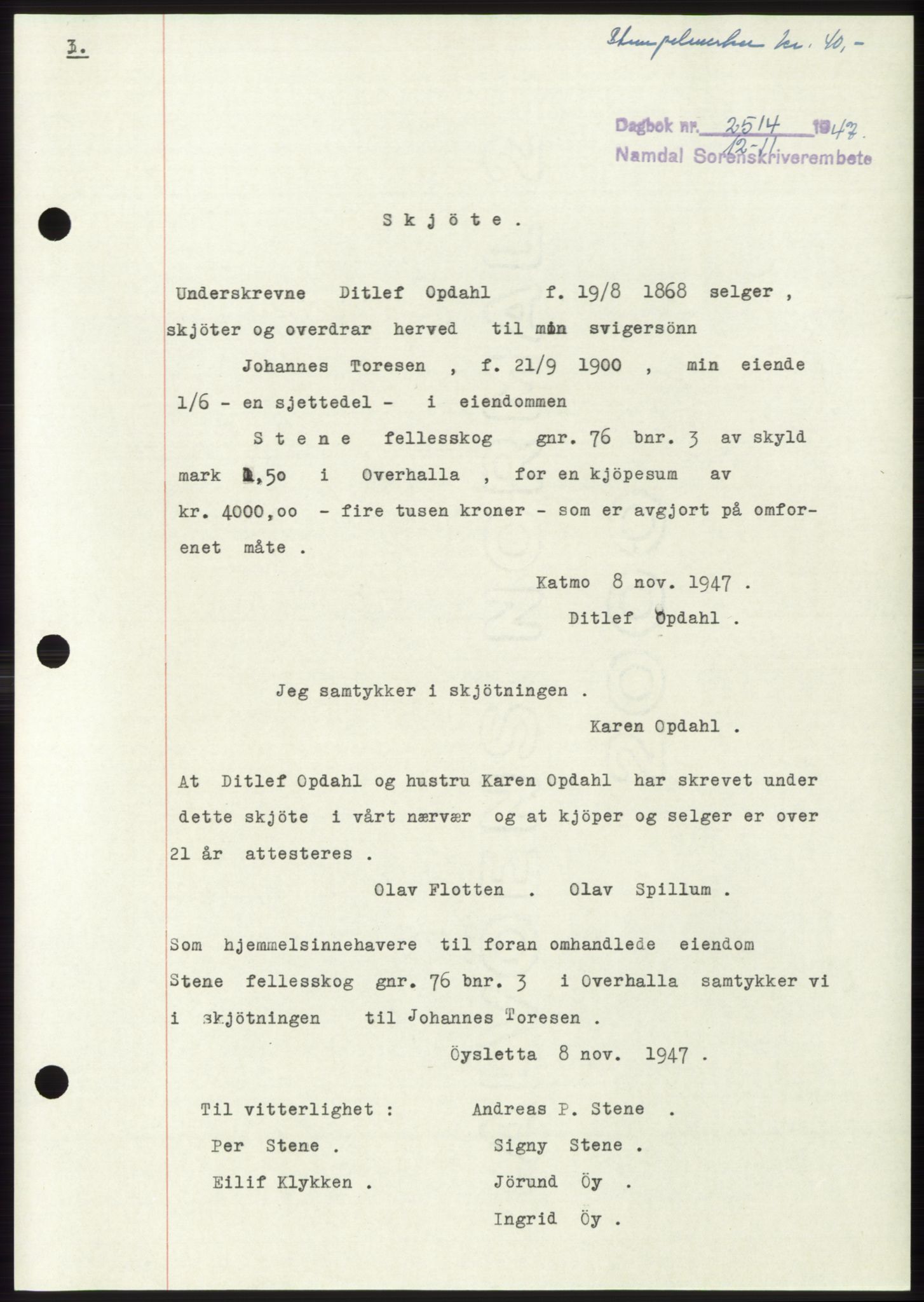 Namdal sorenskriveri, SAT/A-4133/1/2/2C: Pantebok nr. -, 1947-1948, Dagboknr: 2514/1947