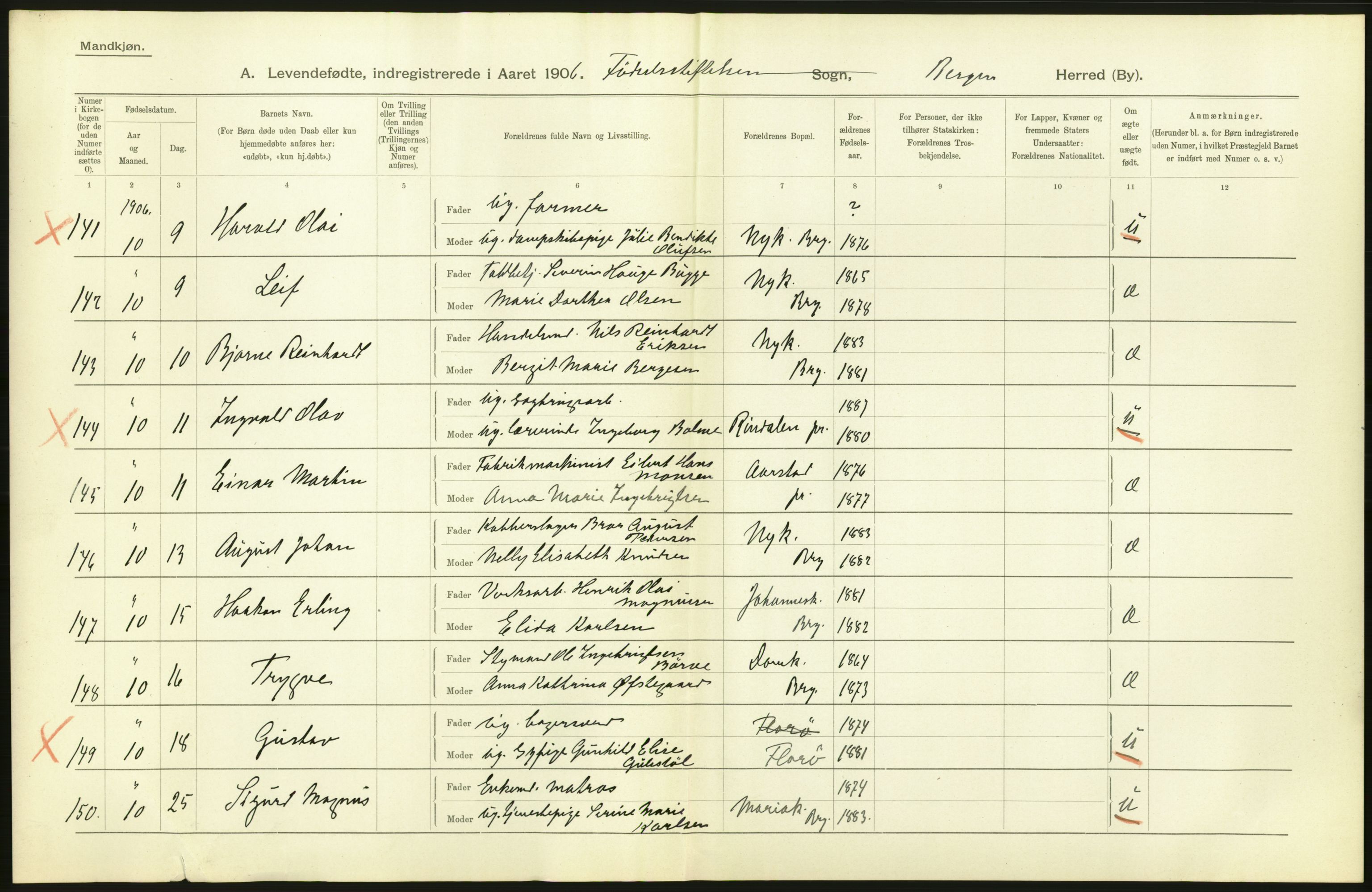 Statistisk sentralbyrå, Sosiodemografiske emner, Befolkning, AV/RA-S-2228/D/Df/Dfa/Dfad/L0031: Bergen: Levendefødte menn og kvinner., 1906, s. 8