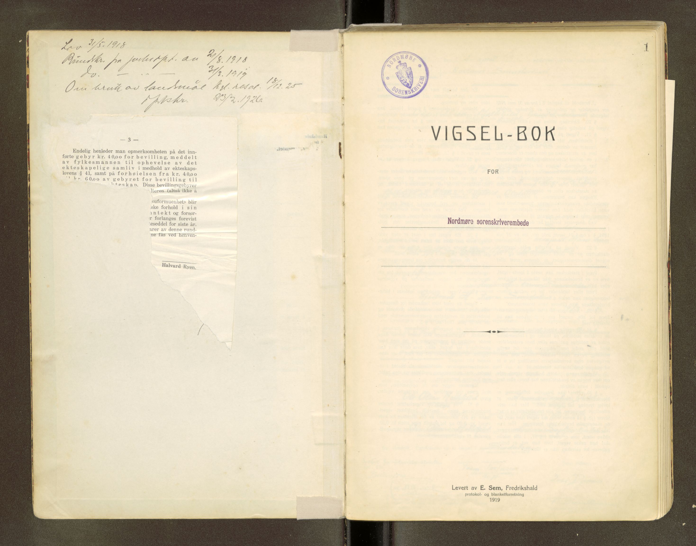 Nordmøre sorenskriveri, SAT/A-4132/1/6/6D/L0001: Vigselsbok, 1919-1942, s. 1