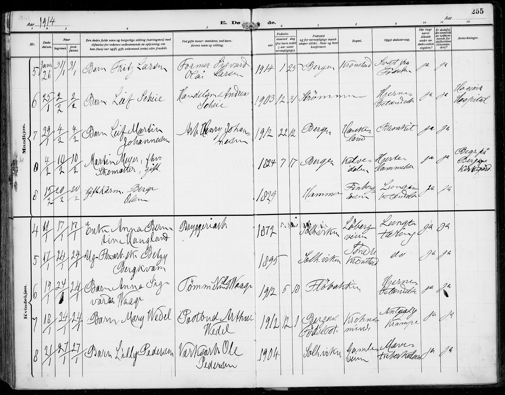 Årstad Sokneprestembete, AV/SAB-A-79301/H/Haa/L0009: Ministerialbok nr. C 1, 1902-1918, s. 255