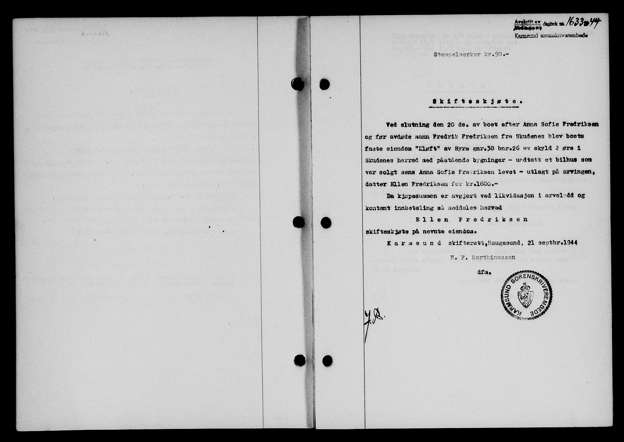 Karmsund sorenskriveri, SAST/A-100311/01/II/IIB/L0082: Pantebok nr. 63A, 1944-1944, Dagboknr: 1633/1944