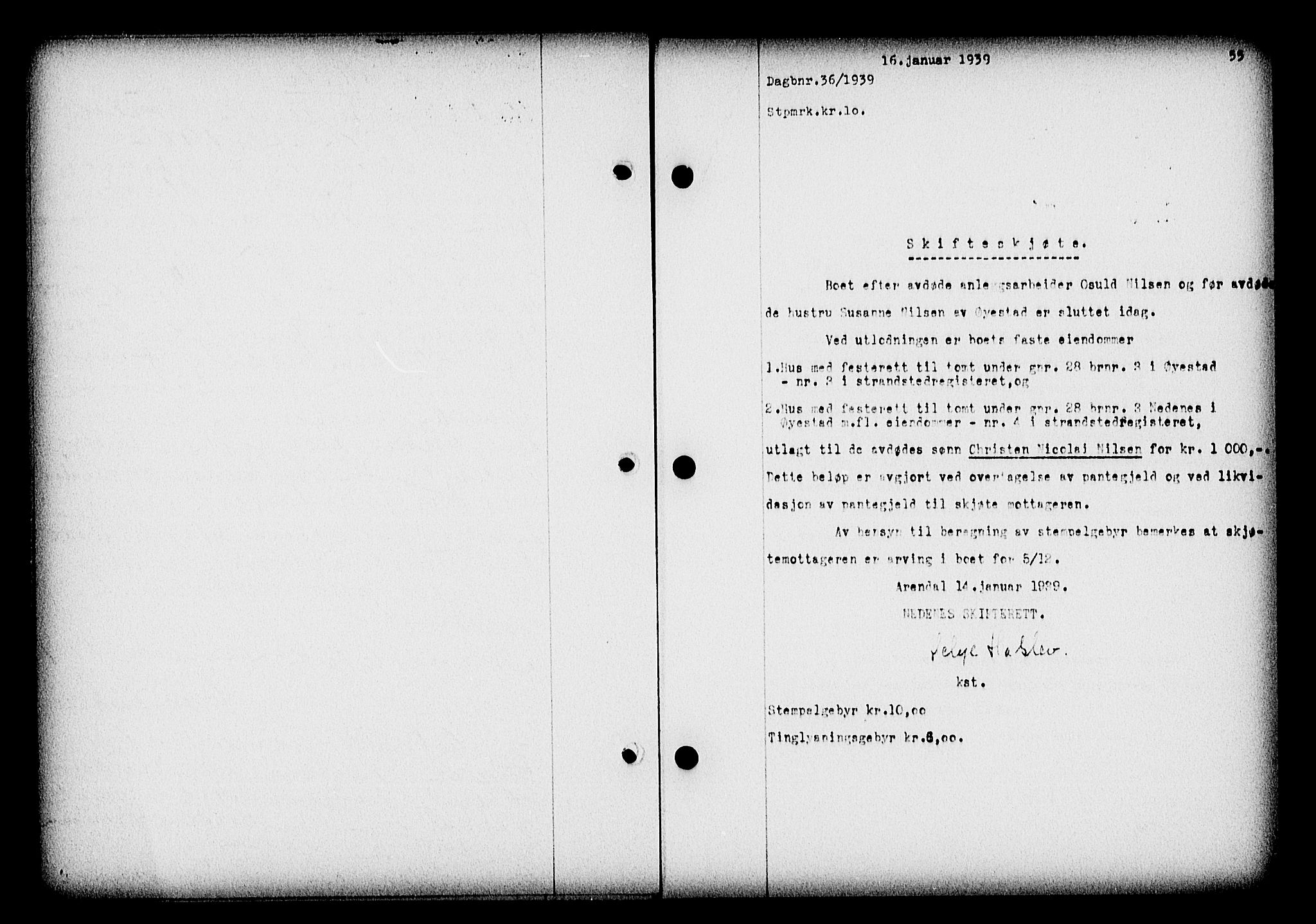 Nedenes sorenskriveri, SAK/1221-0006/G/Gb/Gba/L0046: Pantebok nr. 42, 1938-1939, Dagboknr: 36/1939