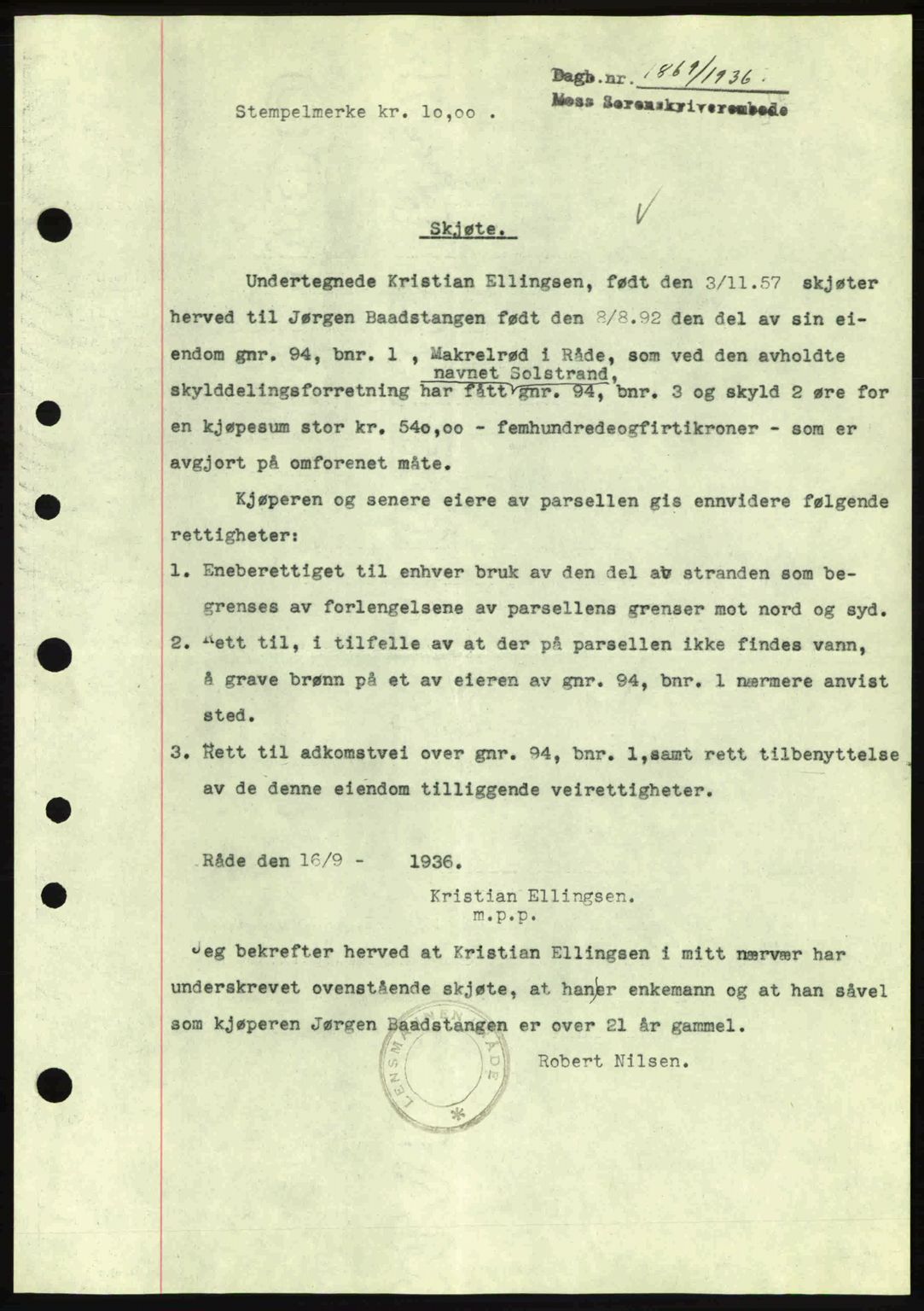 Moss sorenskriveri, SAO/A-10168: Pantebok nr. A1, 1936-1936, Dagboknr: 1869/1936