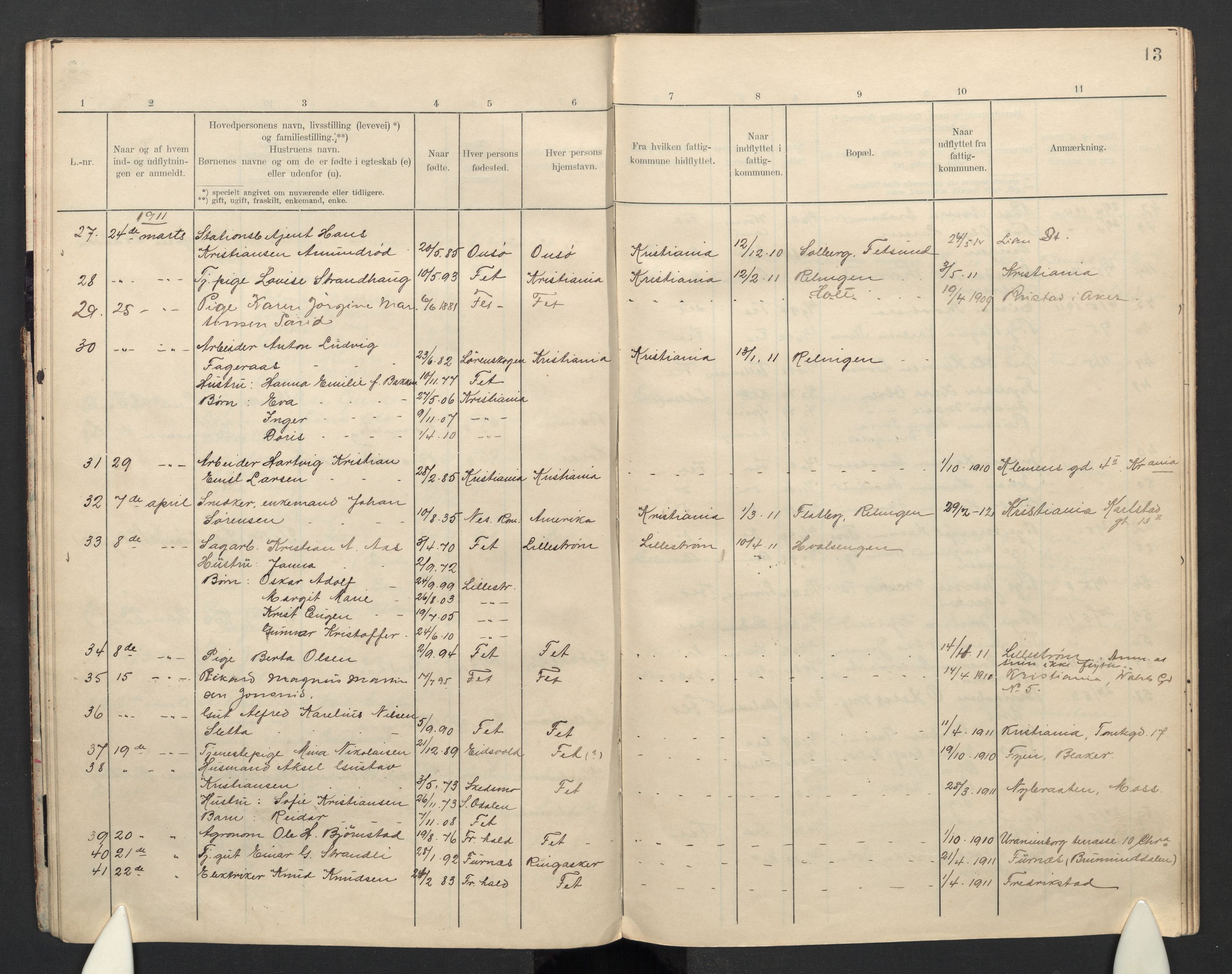 Fet folkeregister, SAO/A-10508/K/L0002: Inn og utflyttede, 1909-1913, s. 13