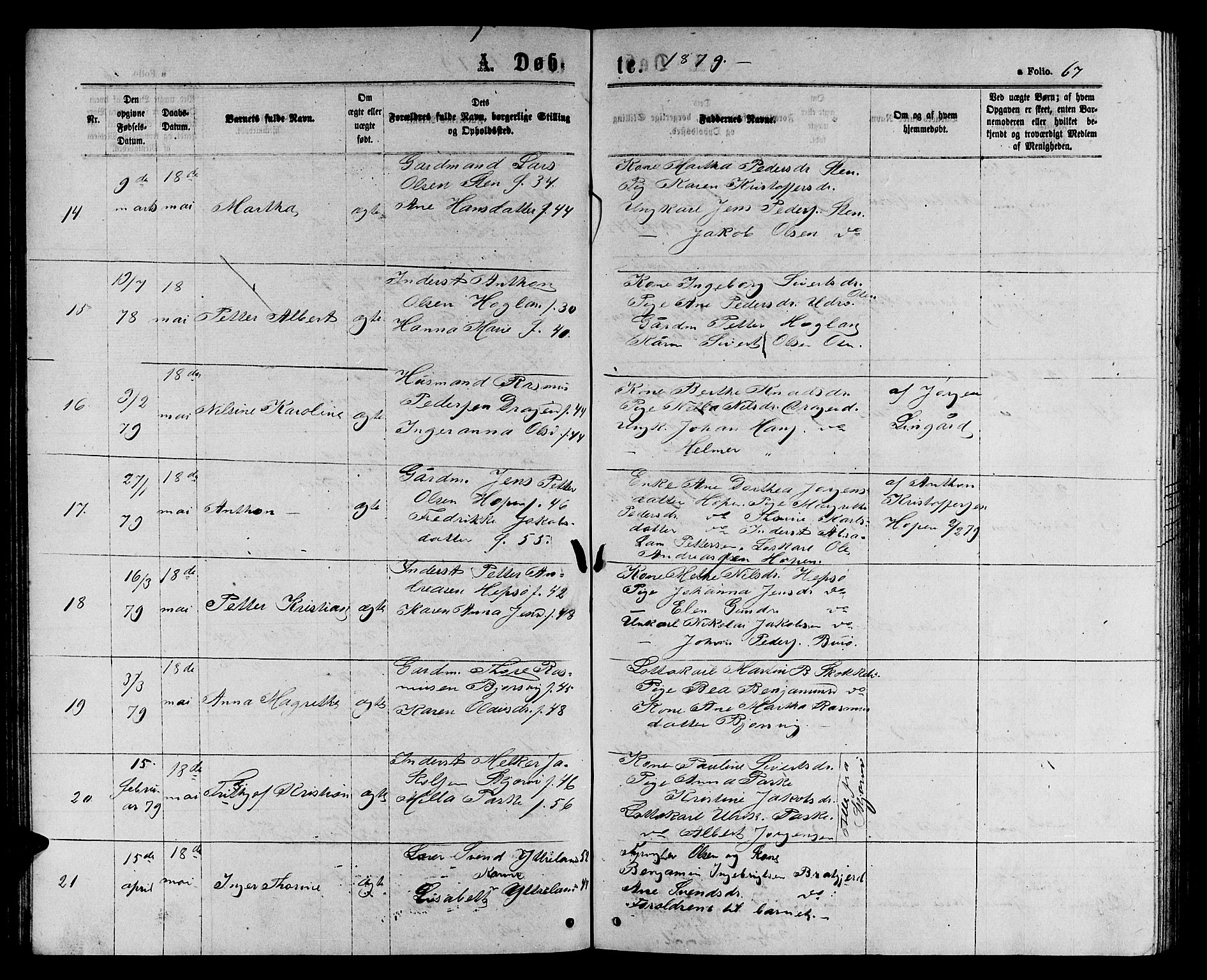 Ministerialprotokoller, klokkerbøker og fødselsregistre - Sør-Trøndelag, SAT/A-1456/658/L0725: Klokkerbok nr. 658C01, 1867-1882, s. 67