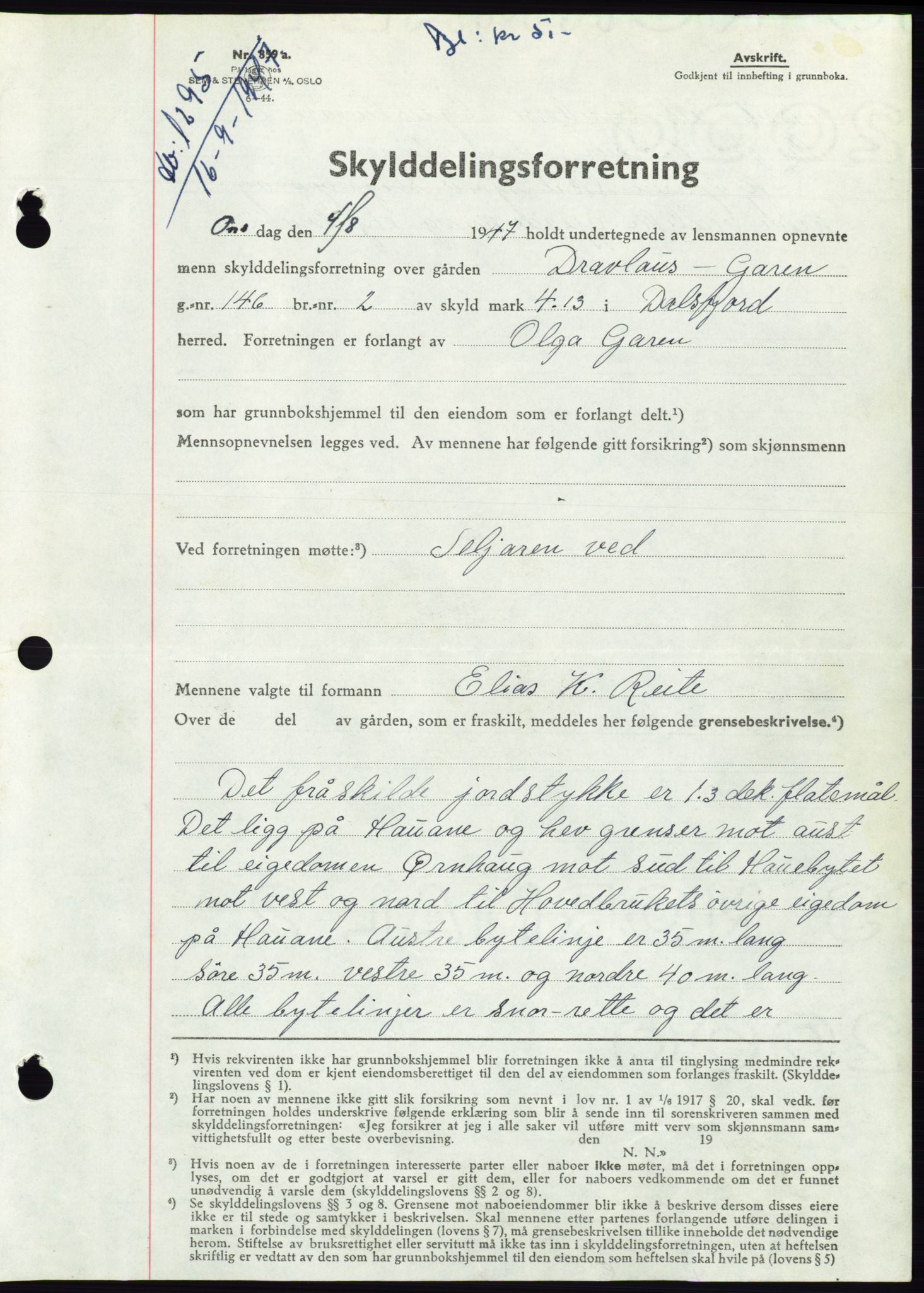 Søre Sunnmøre sorenskriveri, SAT/A-4122/1/2/2C/L0081: Pantebok nr. 7A, 1947-1948, Dagboknr: 1295/1947