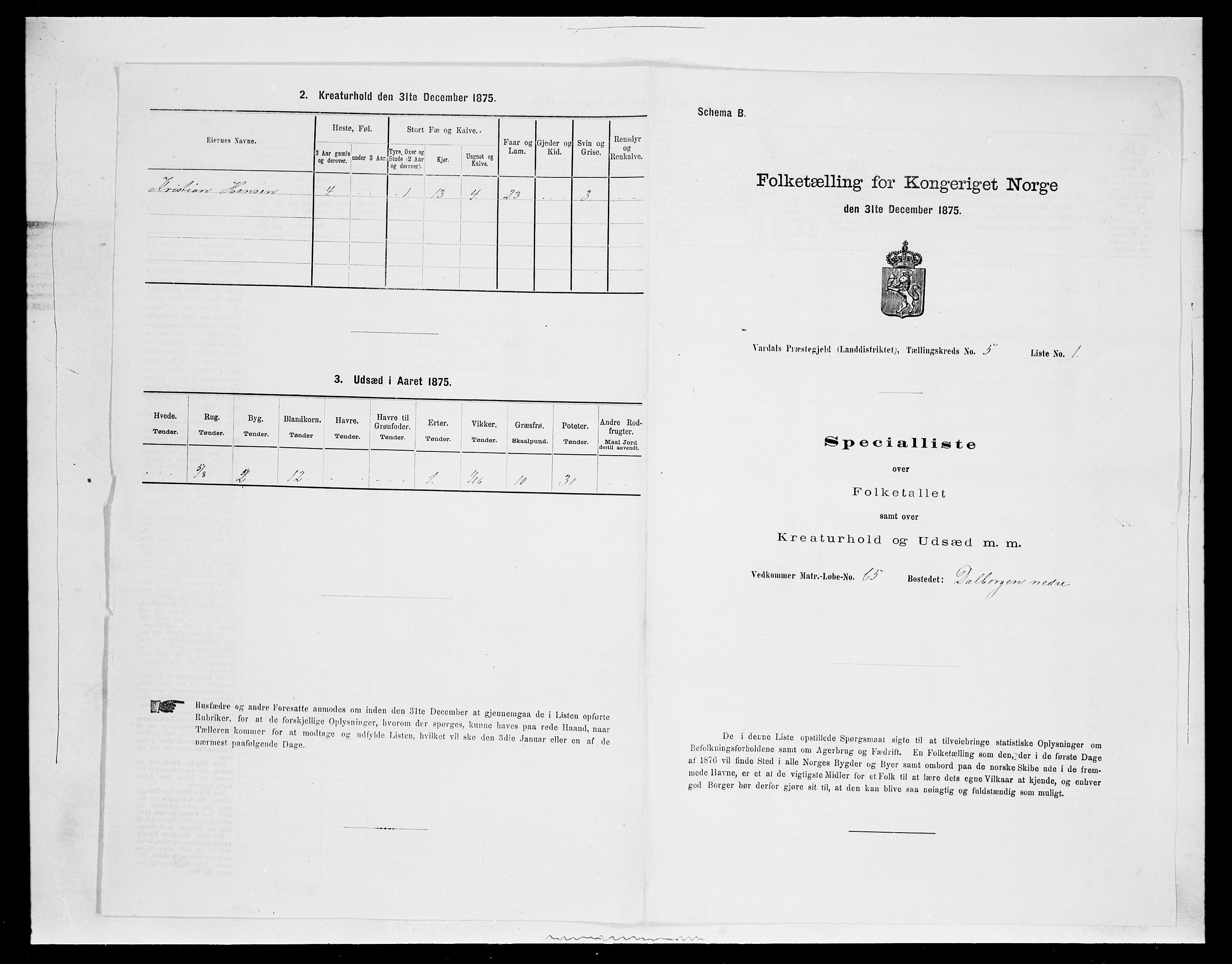 SAH, Folketelling 1875 for 0527L Vardal prestegjeld, Vardal sokn og Hunn sokn, 1875, s. 717