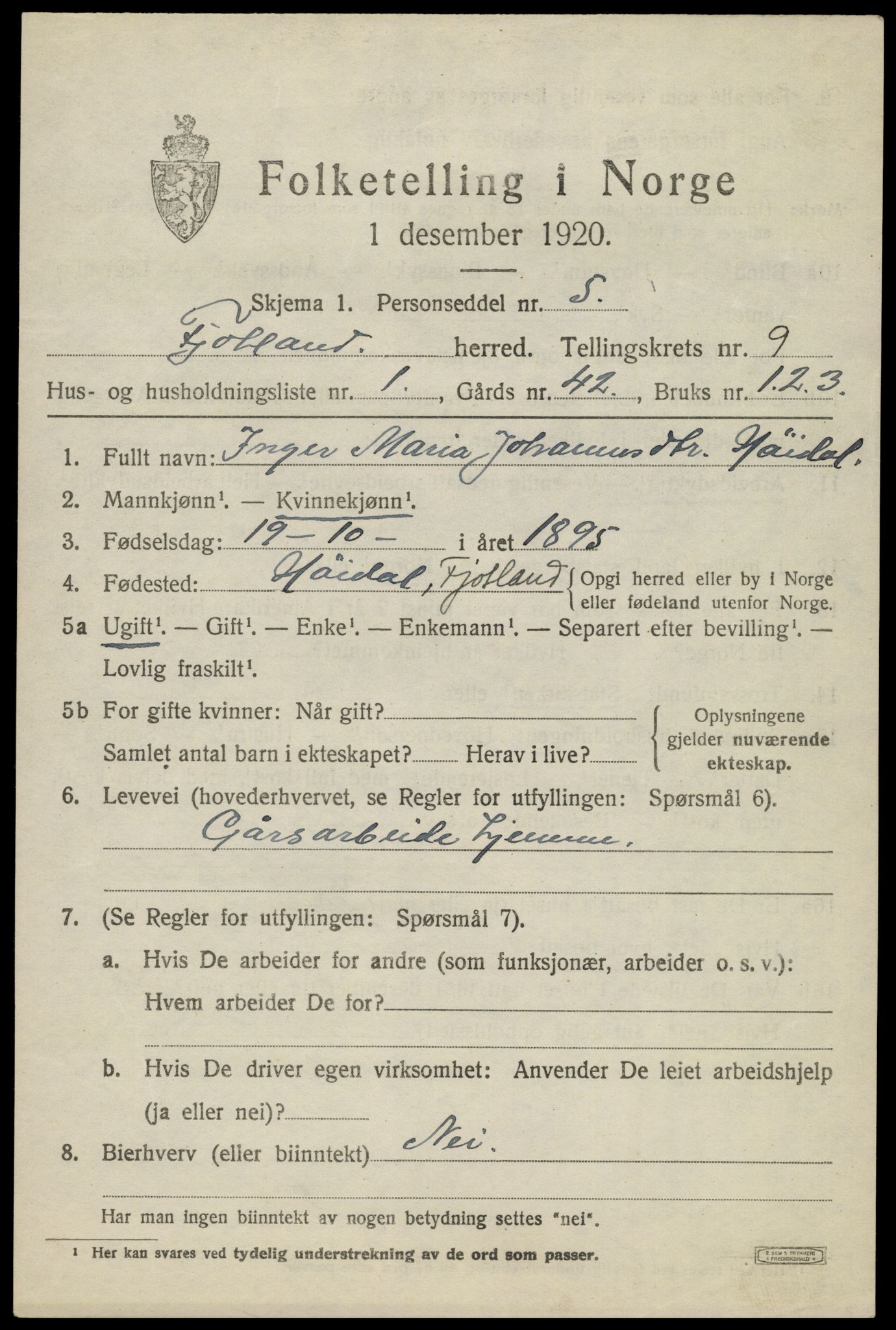 SAK, Folketelling 1920 for 1036 Fjotland herred, 1920, s. 2228