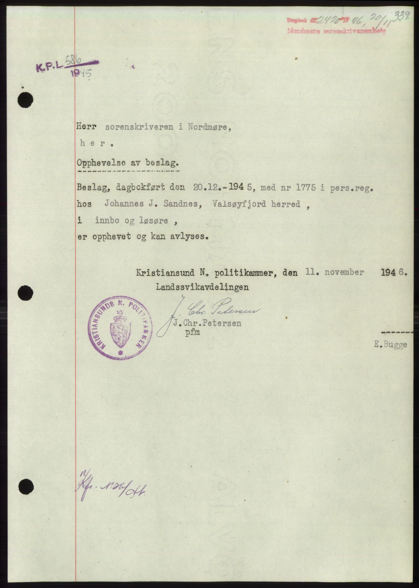 Nordmøre sorenskriveri, SAT/A-4132/1/2/2Ca: Pantebok nr. B95, 1946-1947, Dagboknr: 2420/1946