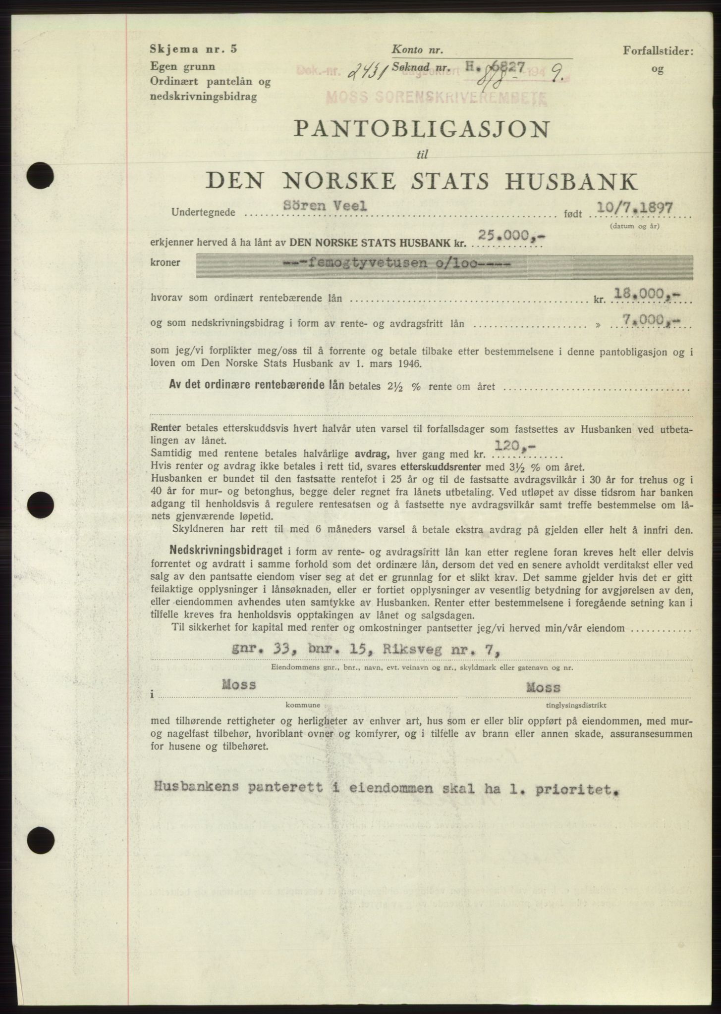 Moss sorenskriveri, SAO/A-10168: Pantebok nr. B22, 1949-1949, Dagboknr: 2431/1949