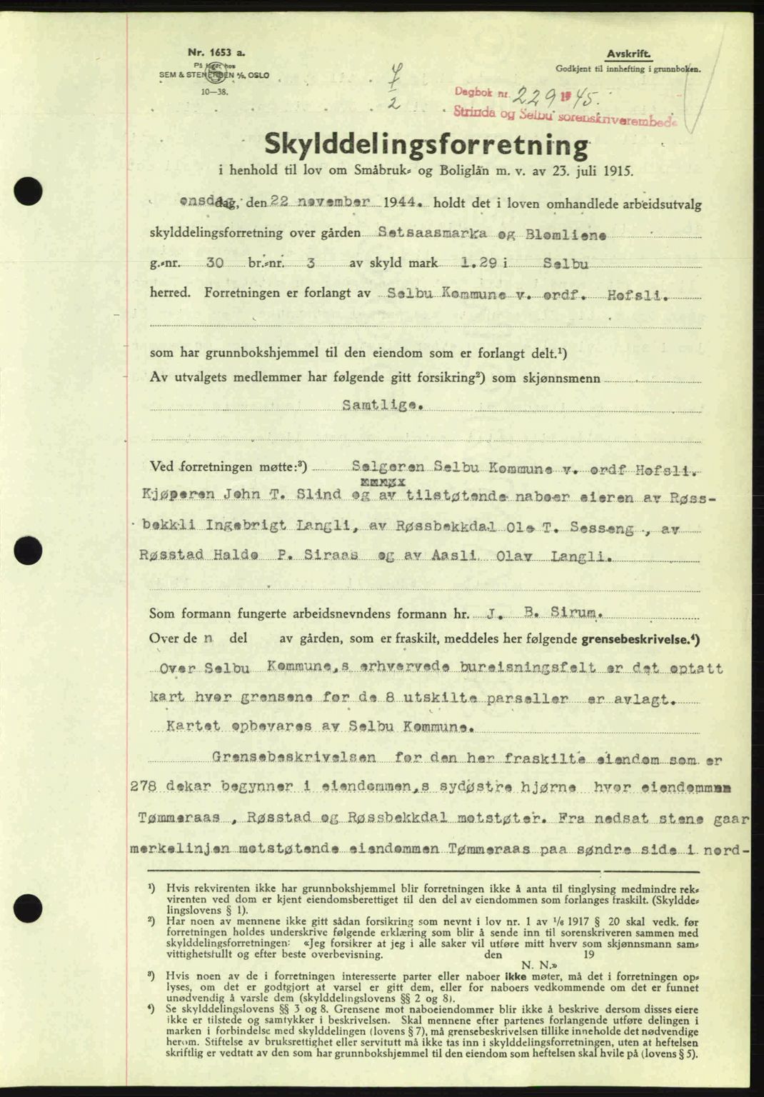 Strinda og Selbu sorenskriveri, SAT/A-0015/2/2C: Pantebok nr. A9, 1944-1945, Dagboknr: 229/1945