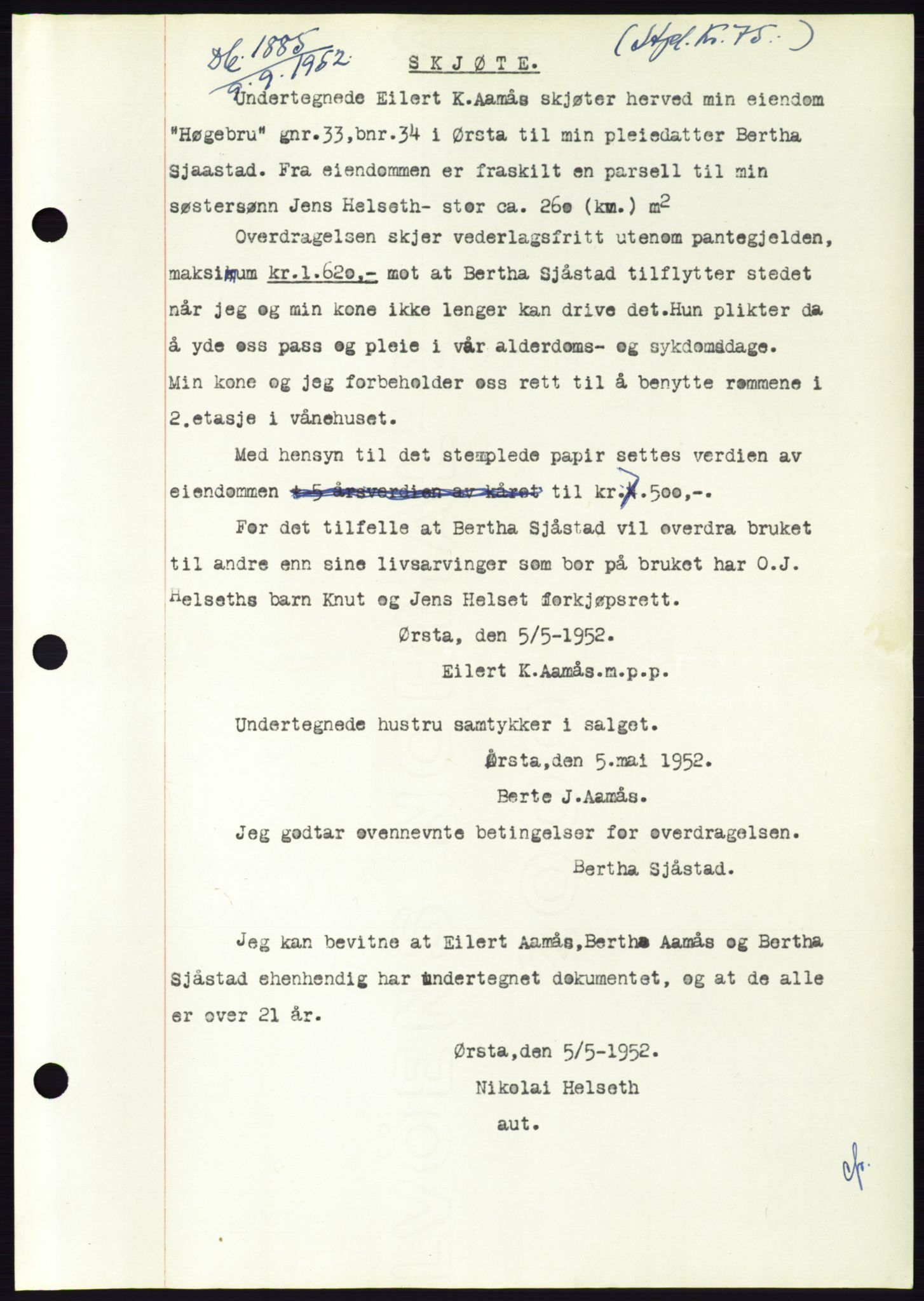 Søre Sunnmøre sorenskriveri, SAT/A-4122/1/2/2C/L0093: Pantebok nr. 19A, 1952-1953, Dagboknr: 1885/1952