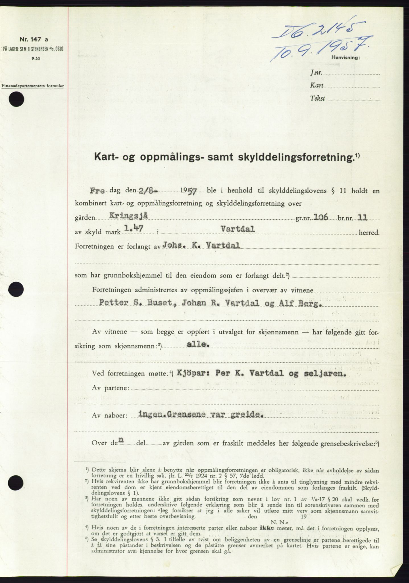 Søre Sunnmøre sorenskriveri, SAT/A-4122/1/2/2C/L0107: Pantebok nr. 33A, 1957-1957, Dagboknr: 2145/1957