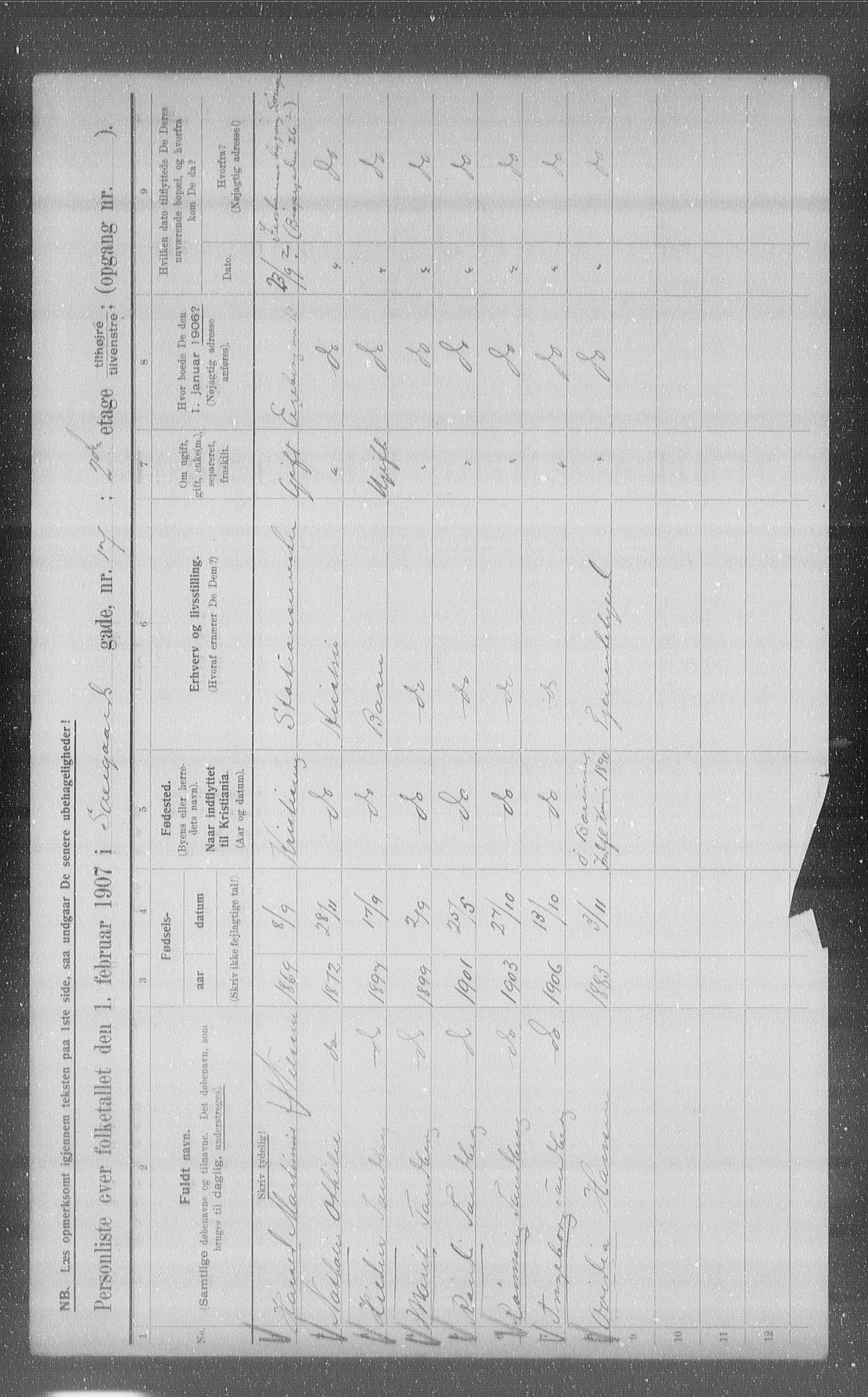 OBA, Kommunal folketelling 1.2.1907 for Kristiania kjøpstad, 1907, s. 45721