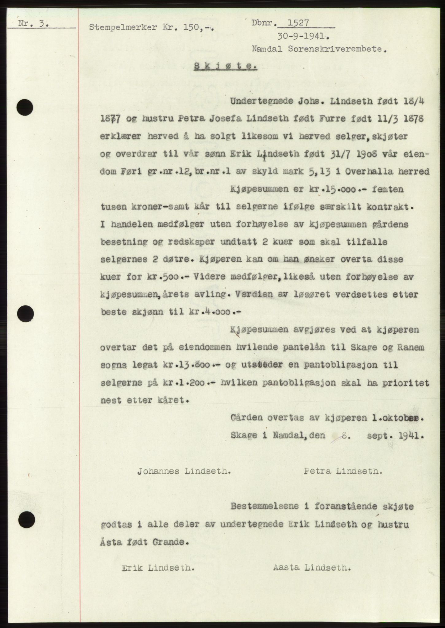 Namdal sorenskriveri, SAT/A-4133/1/2/2C: Pantebok nr. -, 1941-1942, Dagboknr: 1527/1941