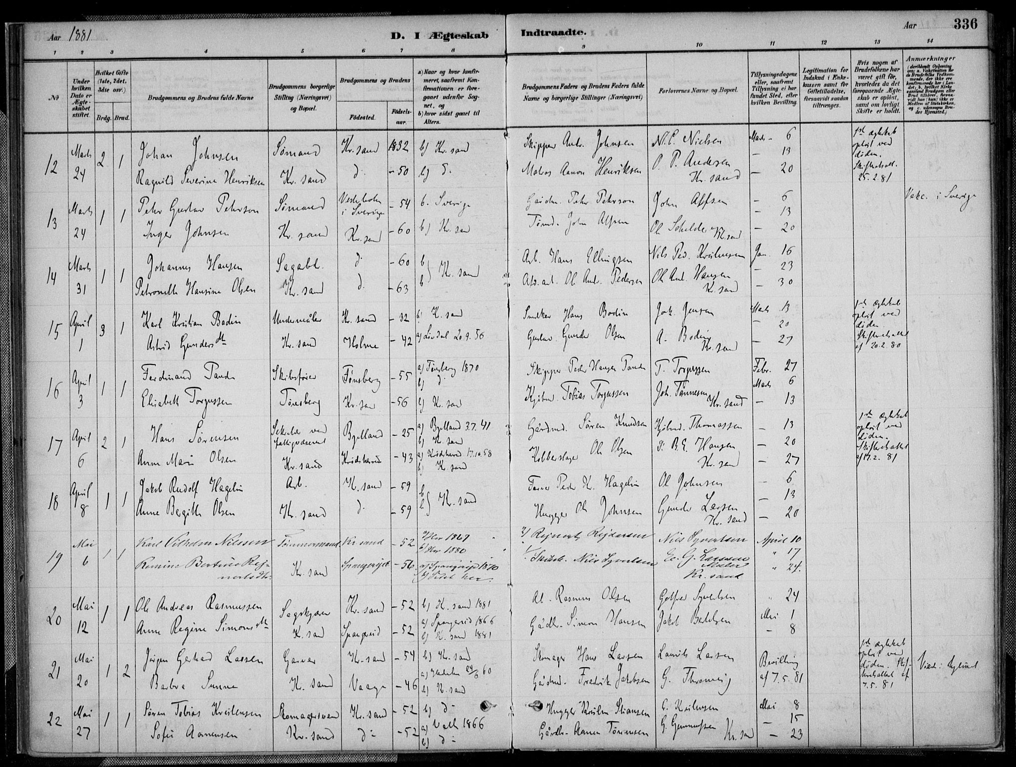 Kristiansand domprosti, AV/SAK-1112-0006/F/Fa/L0017: Ministerialbok nr. A 16B, 1880-1890, s. 336