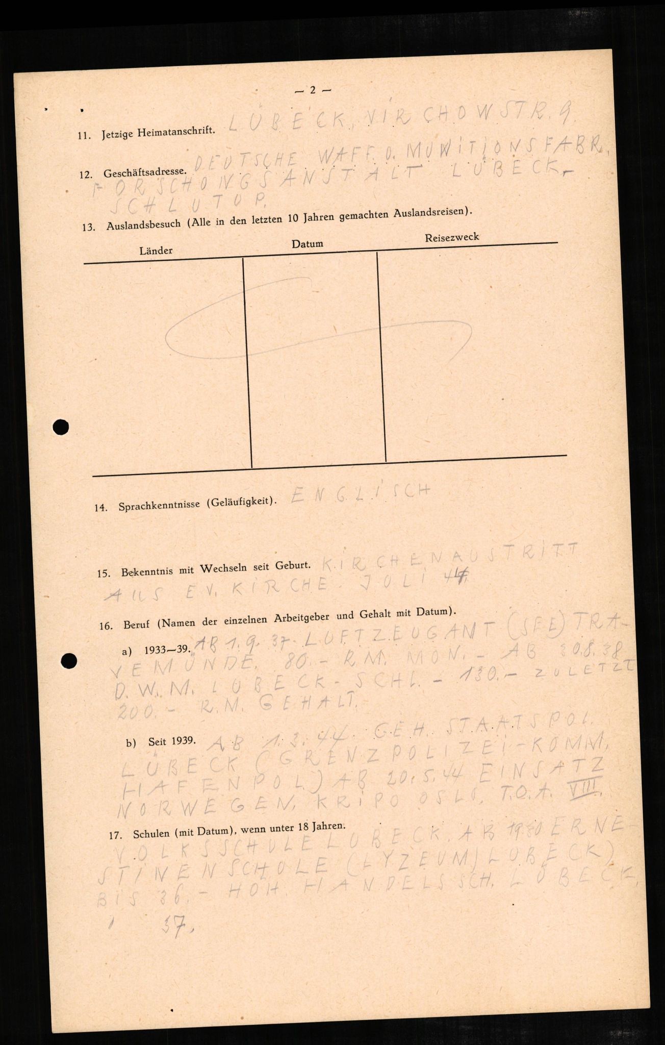 Forsvaret, Forsvarets overkommando II, RA/RAFA-3915/D/Db/L0007: CI Questionaires. Tyske okkupasjonsstyrker i Norge. Tyskere., 1945-1946, s. 74