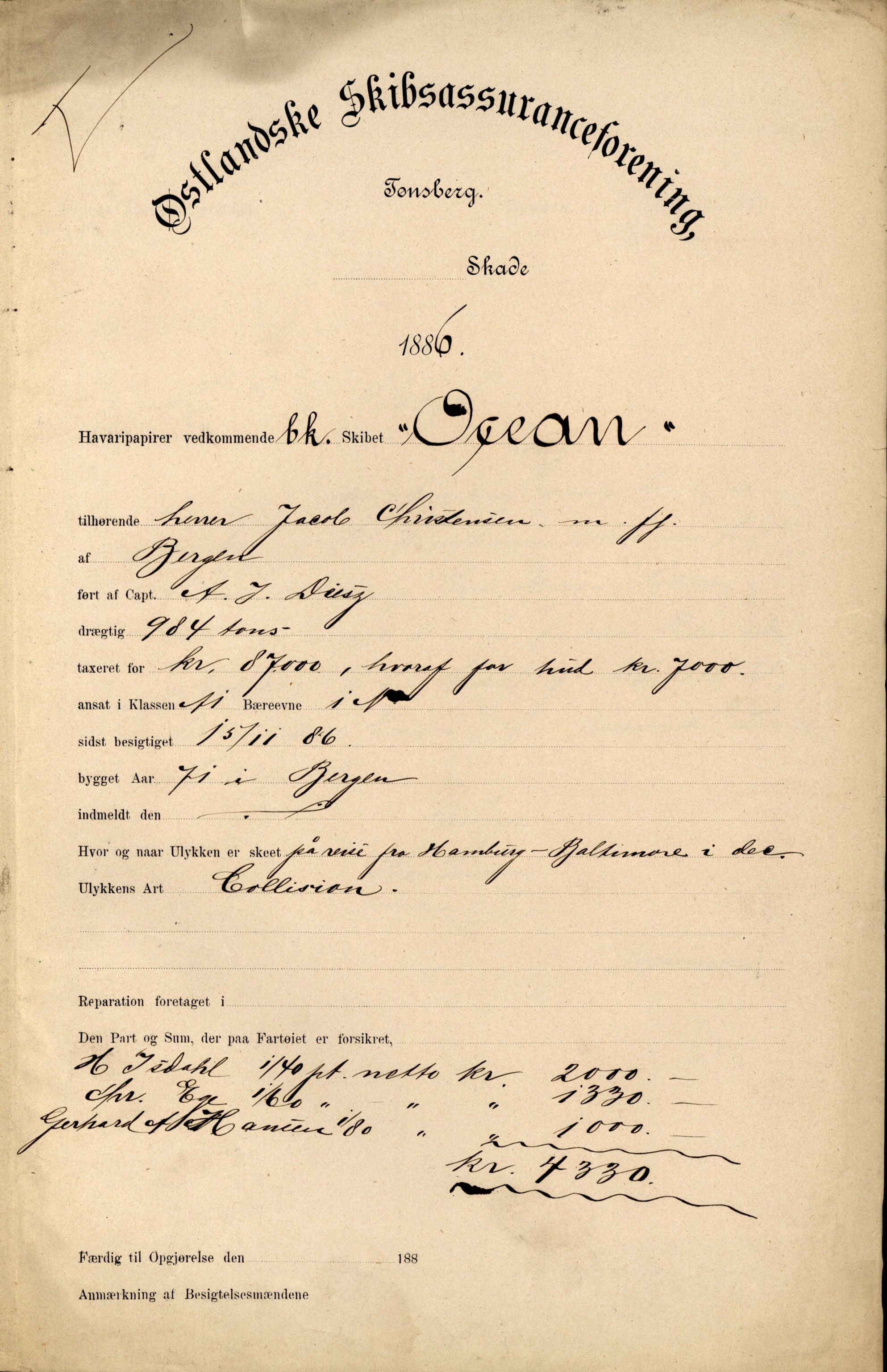 Pa 63 - Østlandske skibsassuranceforening, VEMU/A-1079/G/Ga/L0019/0005: Havaridokumenter / Fridleik, Nordstjernen, Ocean, Olaf Roll, Olaf Kyrre, 1886, s. 13