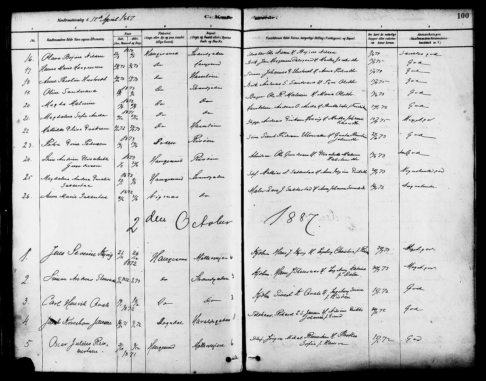 Haugesund sokneprestkontor, AV/SAST-A -101863/H/Ha/Haa/L0003: Ministerialbok nr. A 3, 1885-1890, s. 100