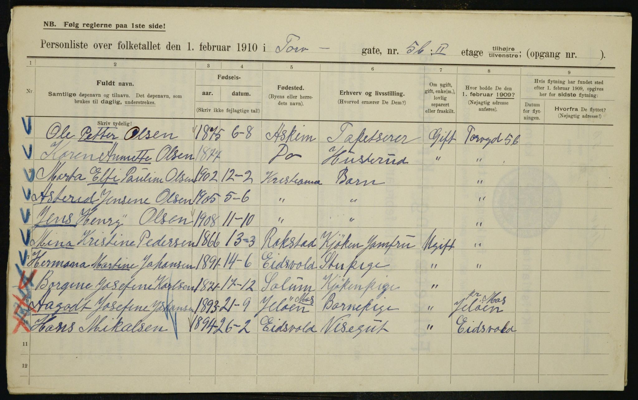 OBA, Kommunal folketelling 1.2.1910 for Kristiania, 1910, s. 108121