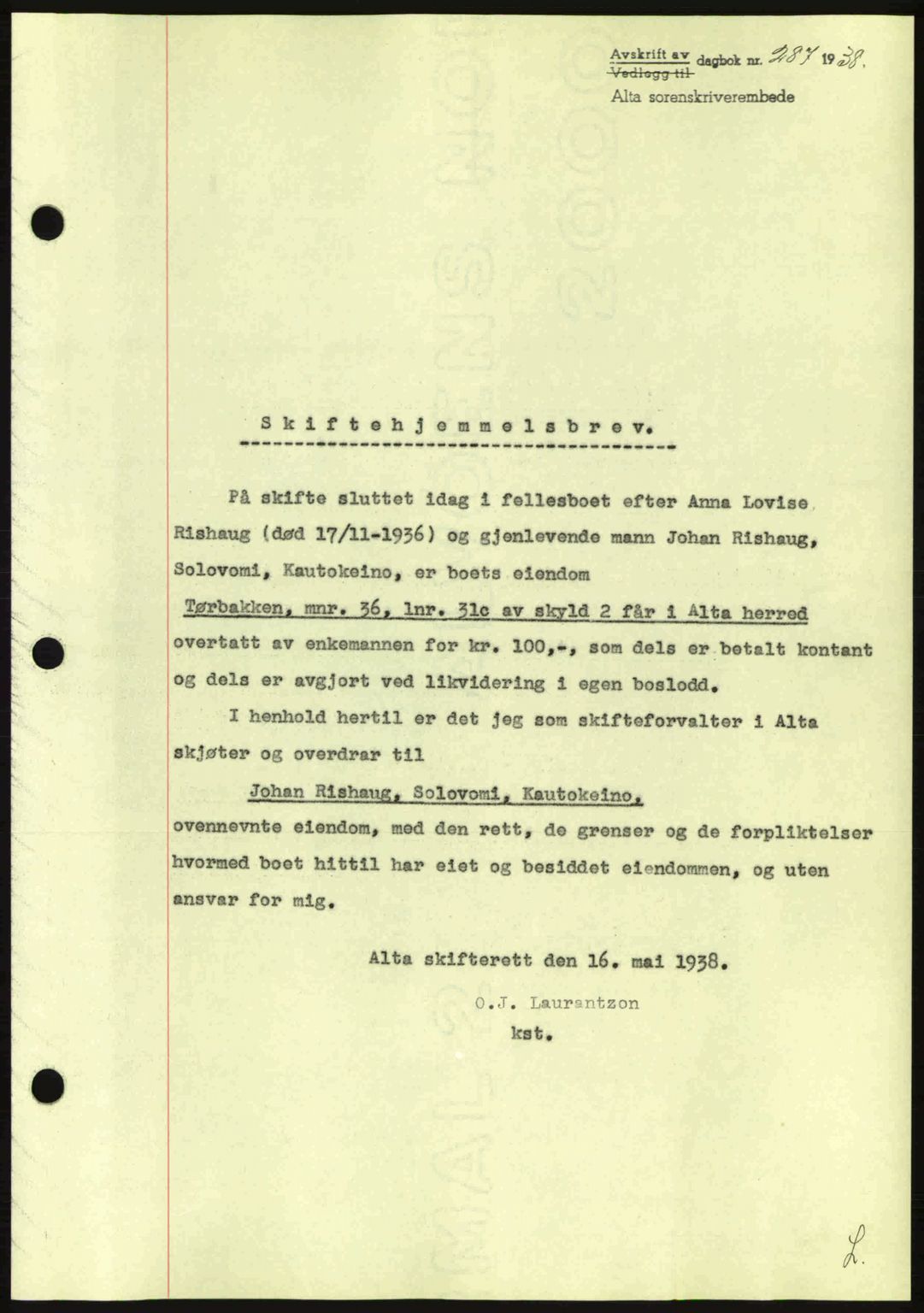 Alta fogderi/sorenskriveri, SATØ/SATØ-5/1/K/Kd/L0031pantebok: Pantebok nr. 31, 1938-1939, Dagboknr: 287/1938