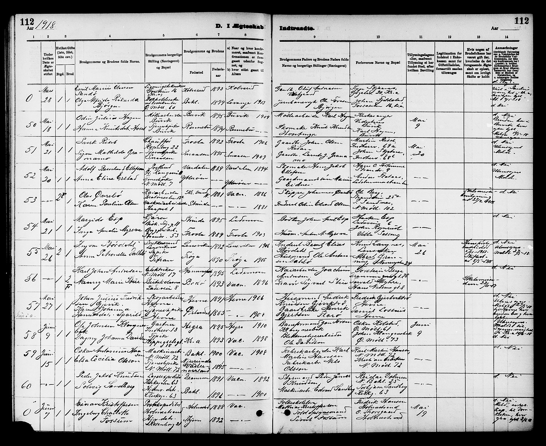 Ministerialprotokoller, klokkerbøker og fødselsregistre - Sør-Trøndelag, AV/SAT-A-1456/605/L0255: Klokkerbok nr. 605C02, 1908-1918, s. 112