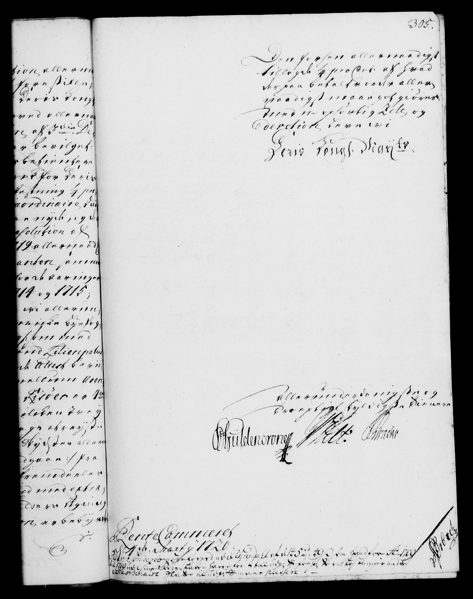 Rentekammeret, Kammerkanselliet, RA/EA-3111/G/Gf/Gfa/L0002: Norsk relasjons- og resolusjonsprotokoll (merket RK 52.2), 1720, s. 305
